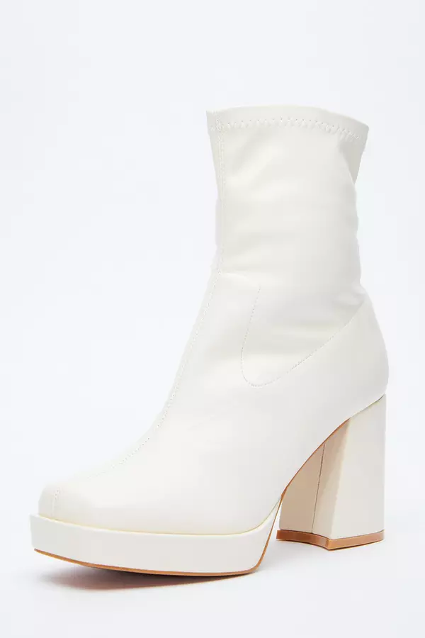 Cream Faux Leather Platform Heeled Ankle Boots