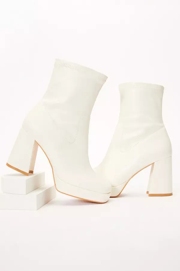 Cream Faux Leather Platform Heeled Ankle Boots