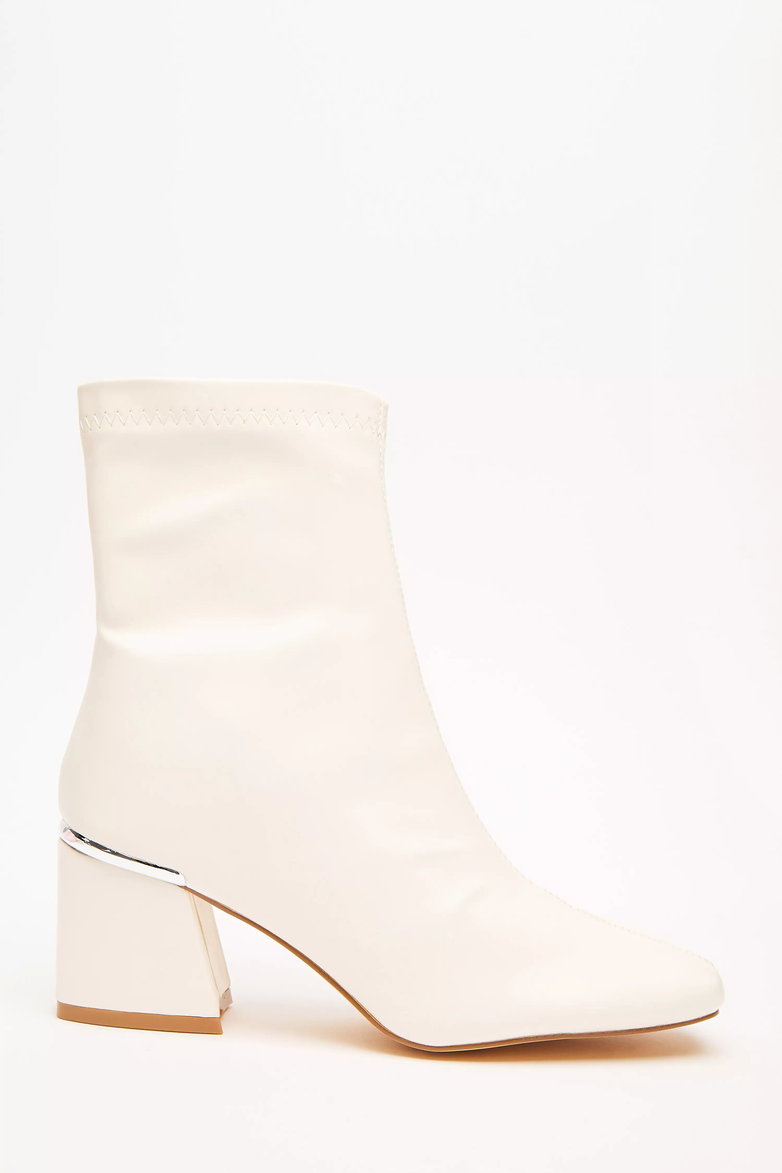 Cream Faux Leather Heeled  Ankle Boots