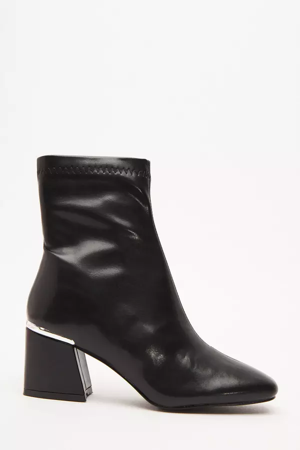 Black Faux Leather Heeled  Ankle Boots