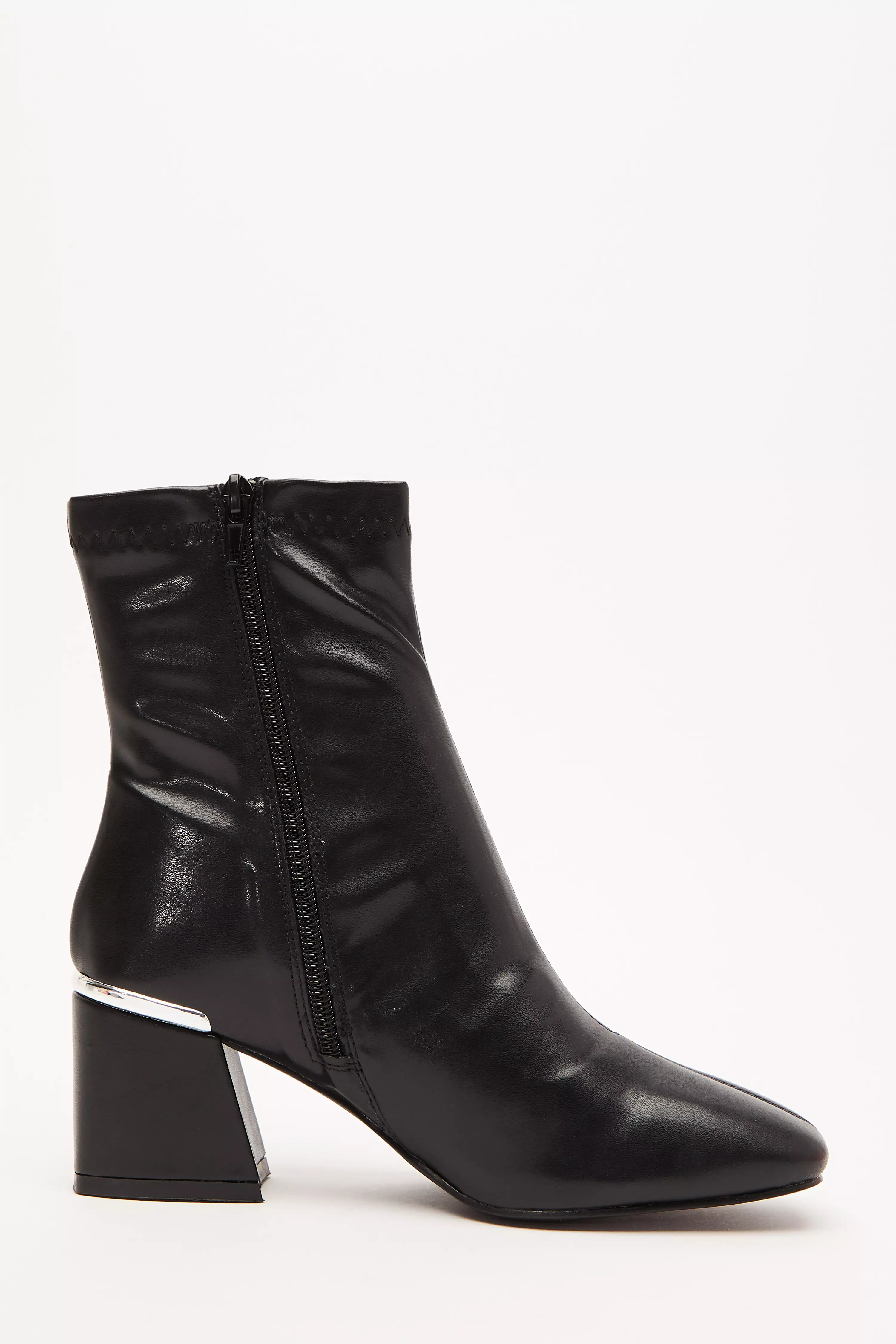 Black Faux Leather Heeled  Ankle Boots