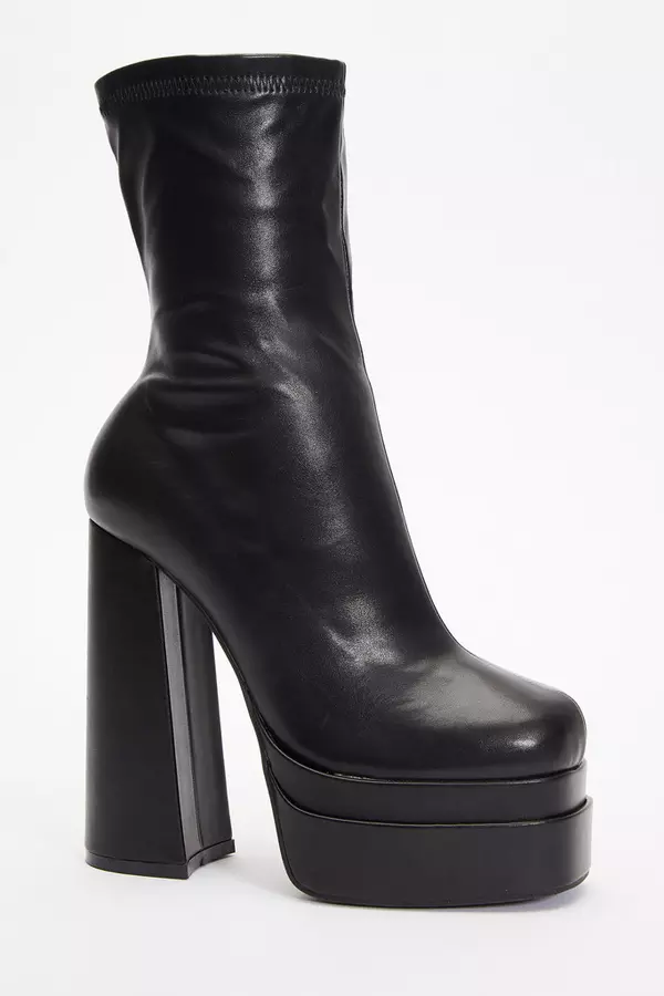 Black Faux Leather Platform Heeled Boots