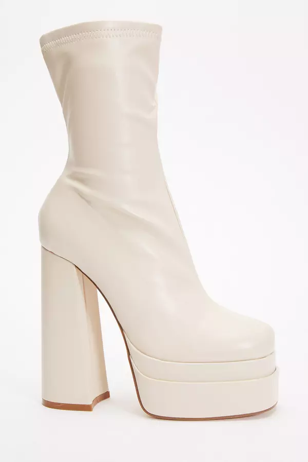 White Faux Leather Platform Heeled Boots