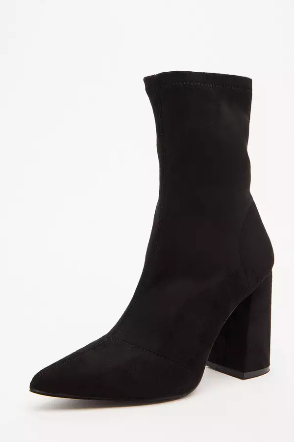 Black Faux Suede Heeled Sock Boots