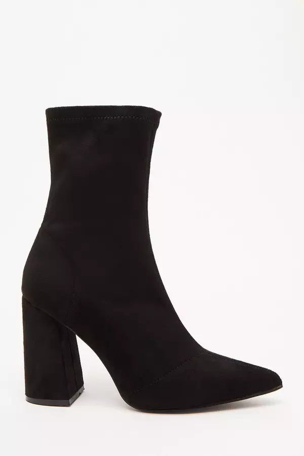 Black Faux Suede Heeled Sock Boots
