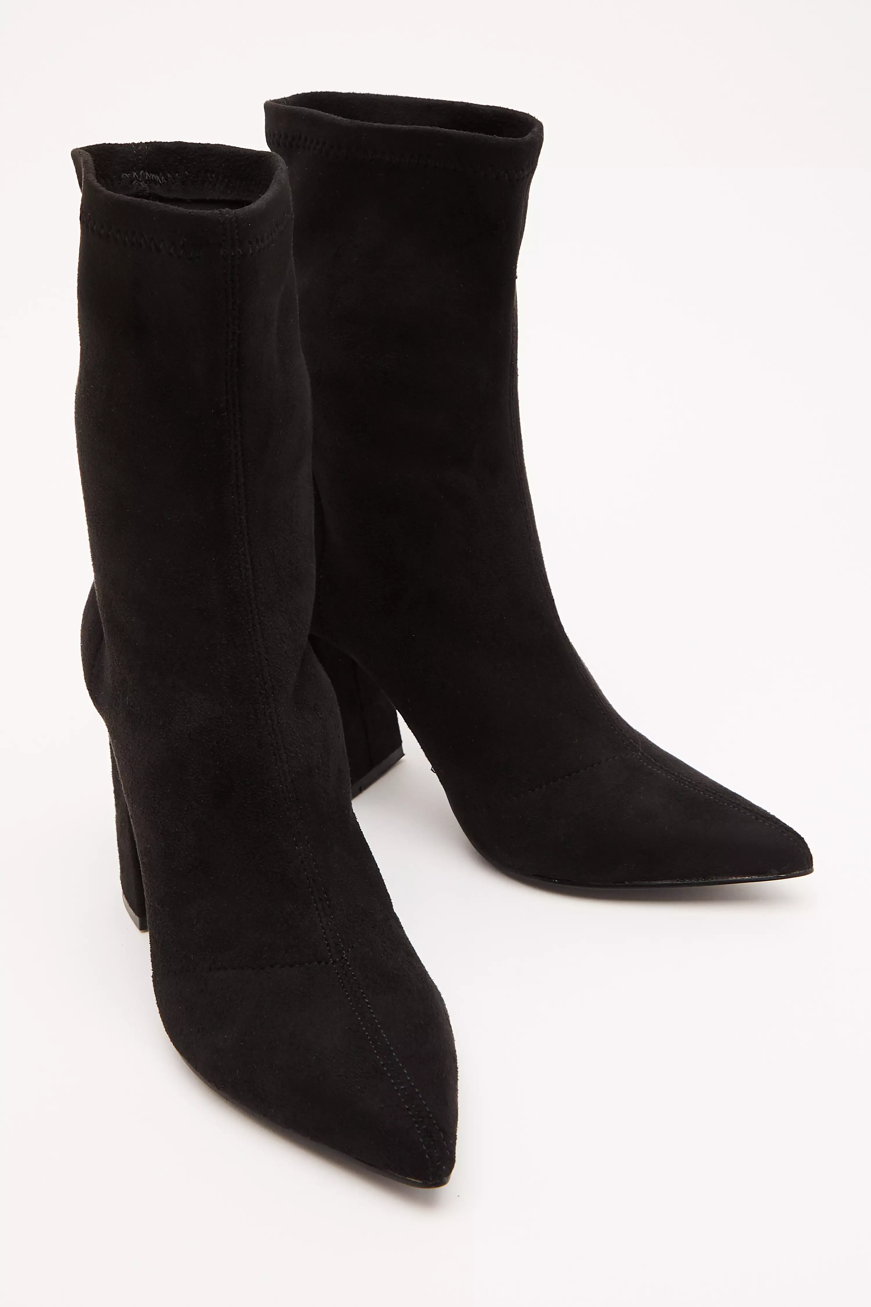 Black Faux Suede Heeled Sock Boots