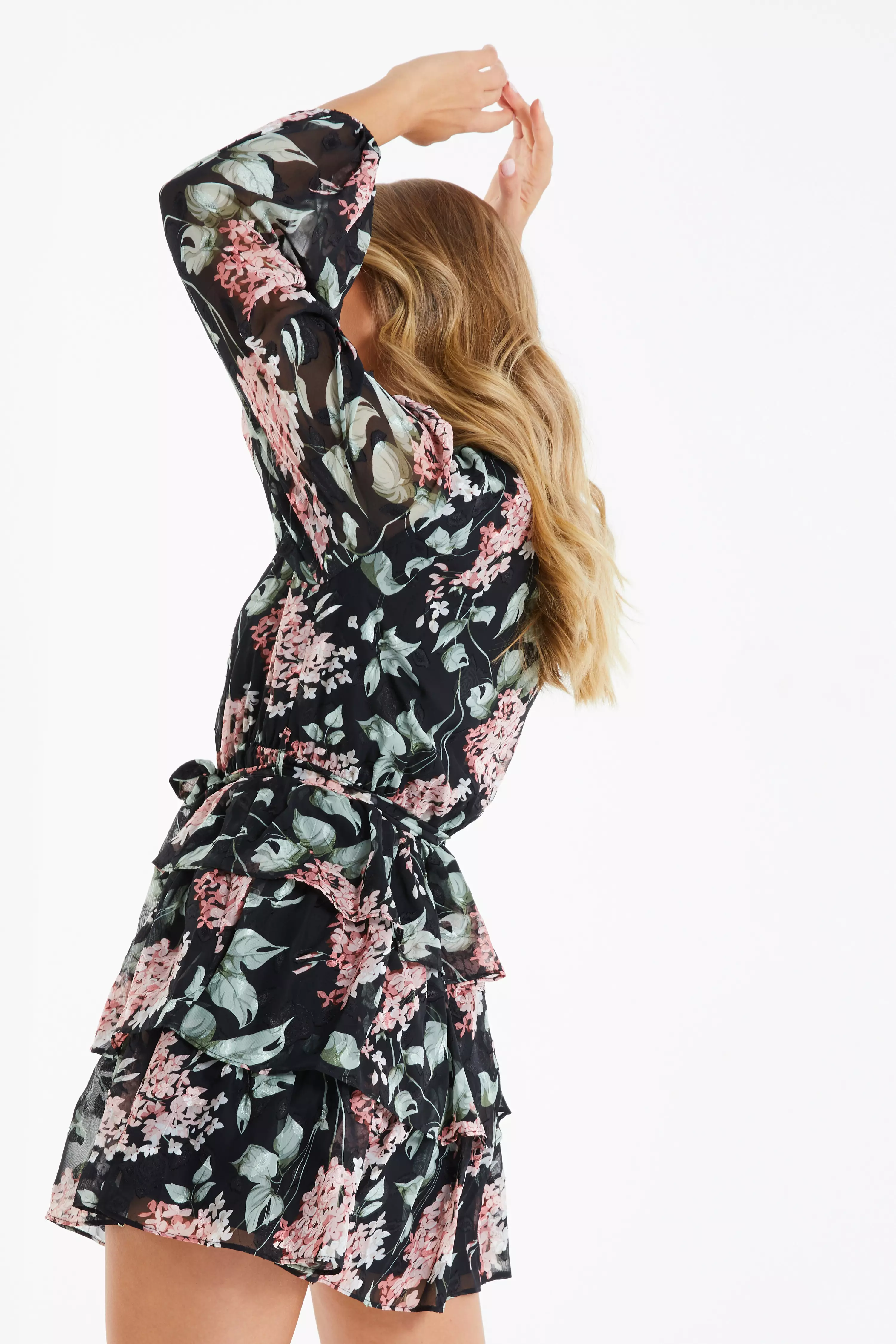 Black Floral Tiered Skater Dress