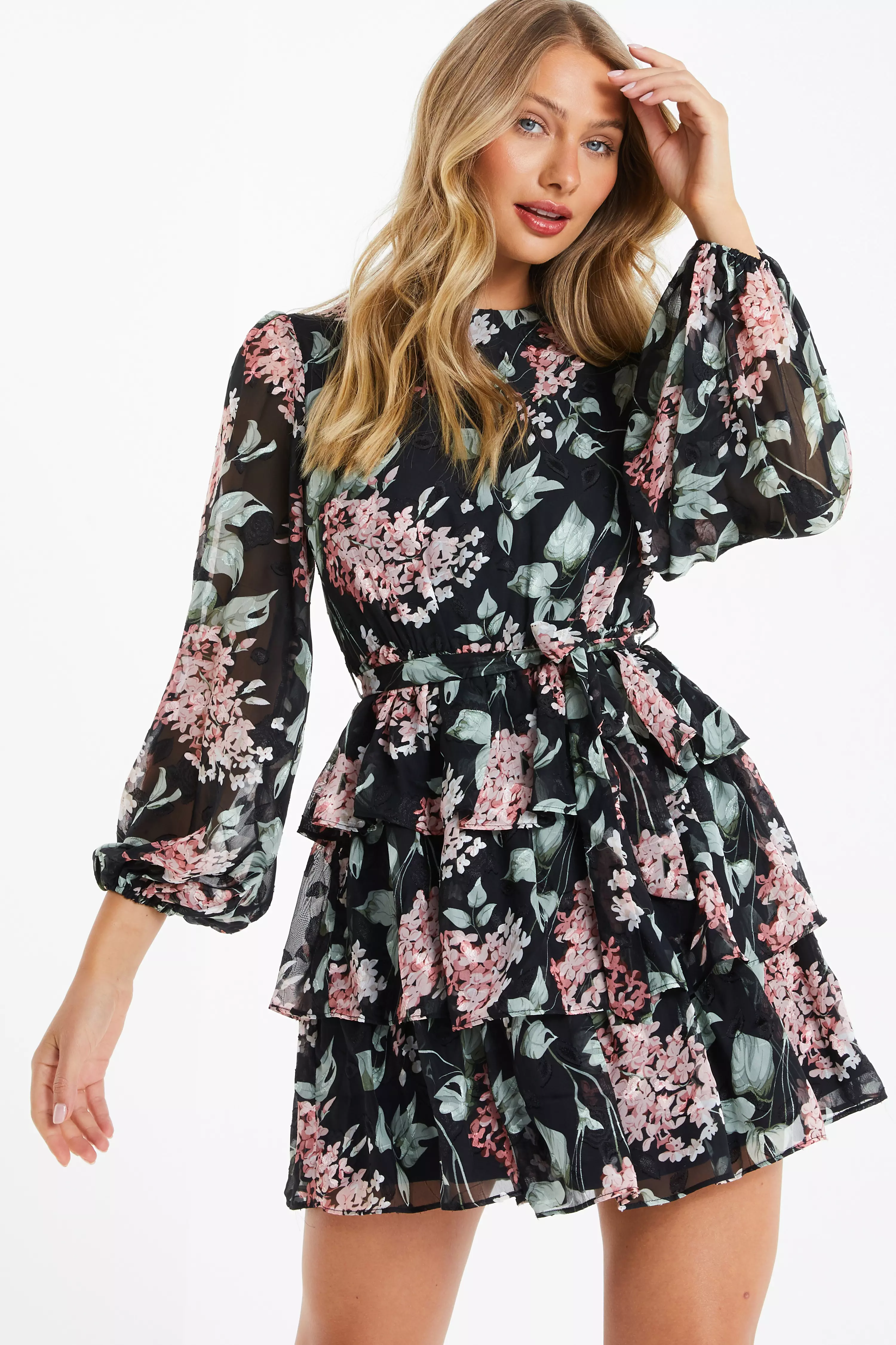 Black Floral Tiered Skater Dress