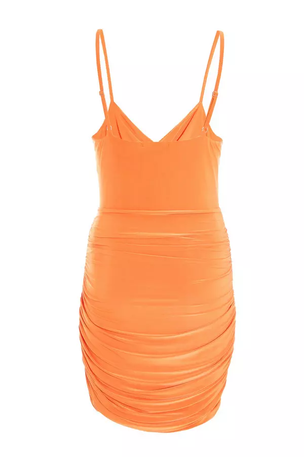 Orange Cut Out Ruched Bodycon Mini Dress