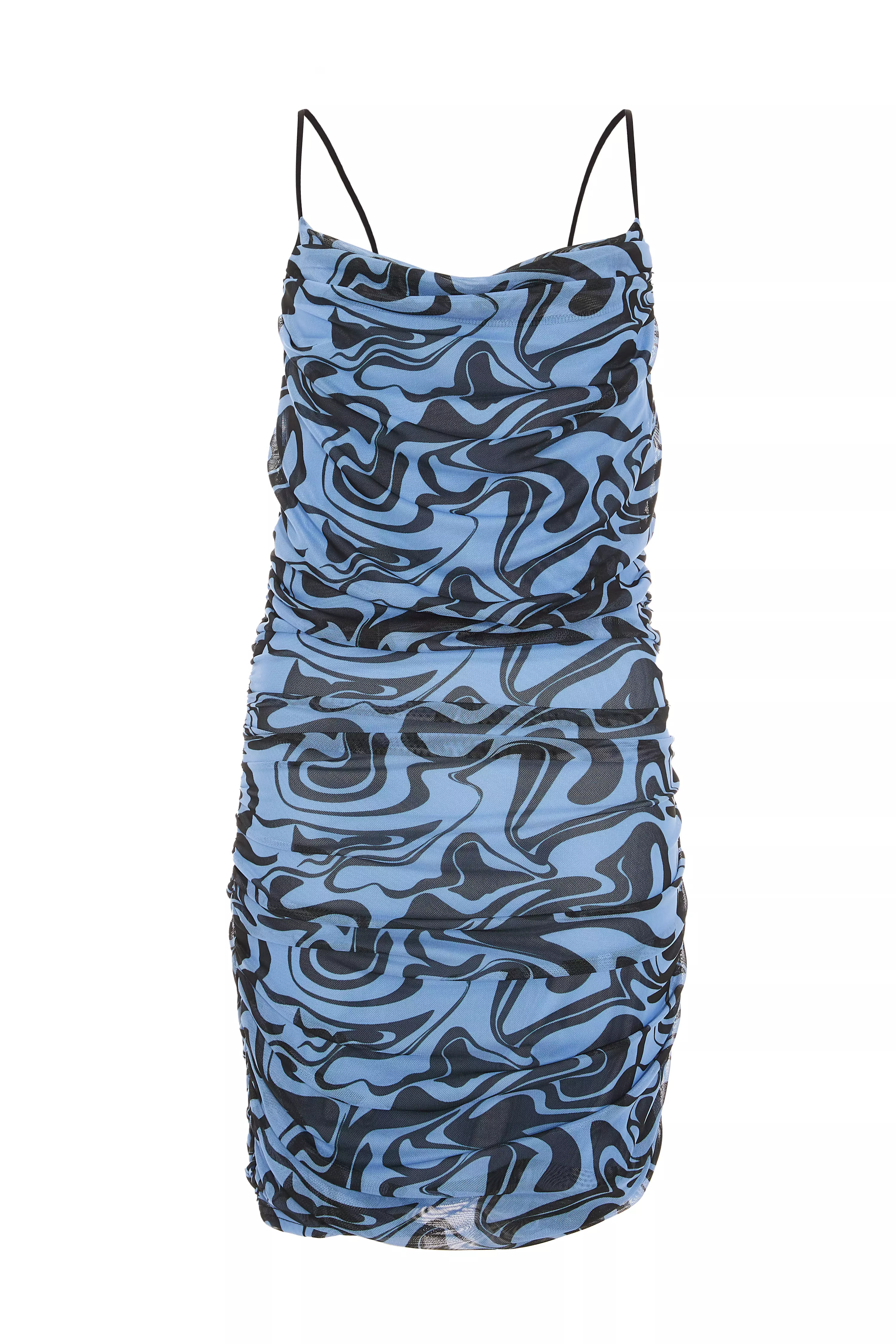 Blue Marble Print Mesh Mini Dress