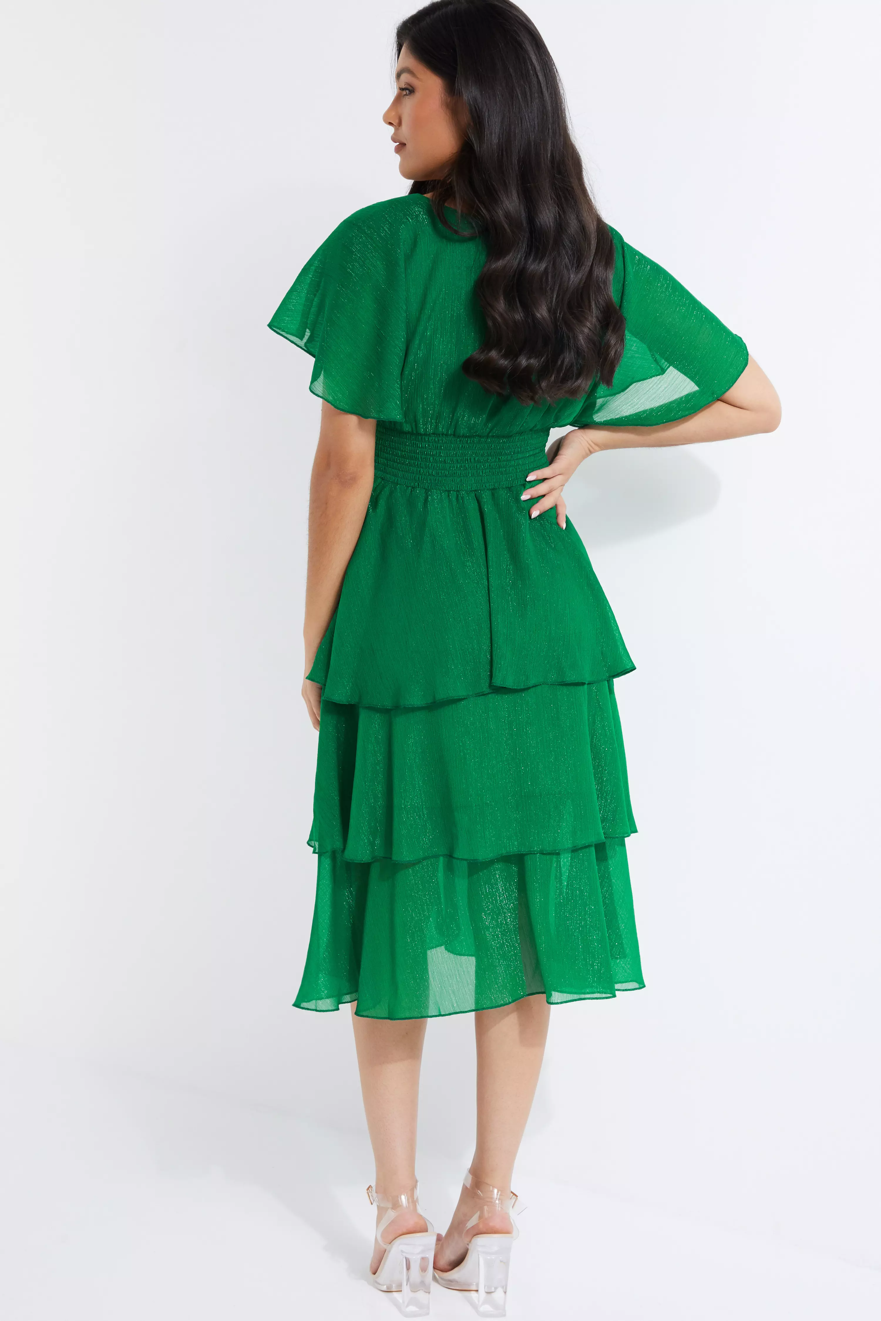 Green Chiffon Tiered Midi Dress