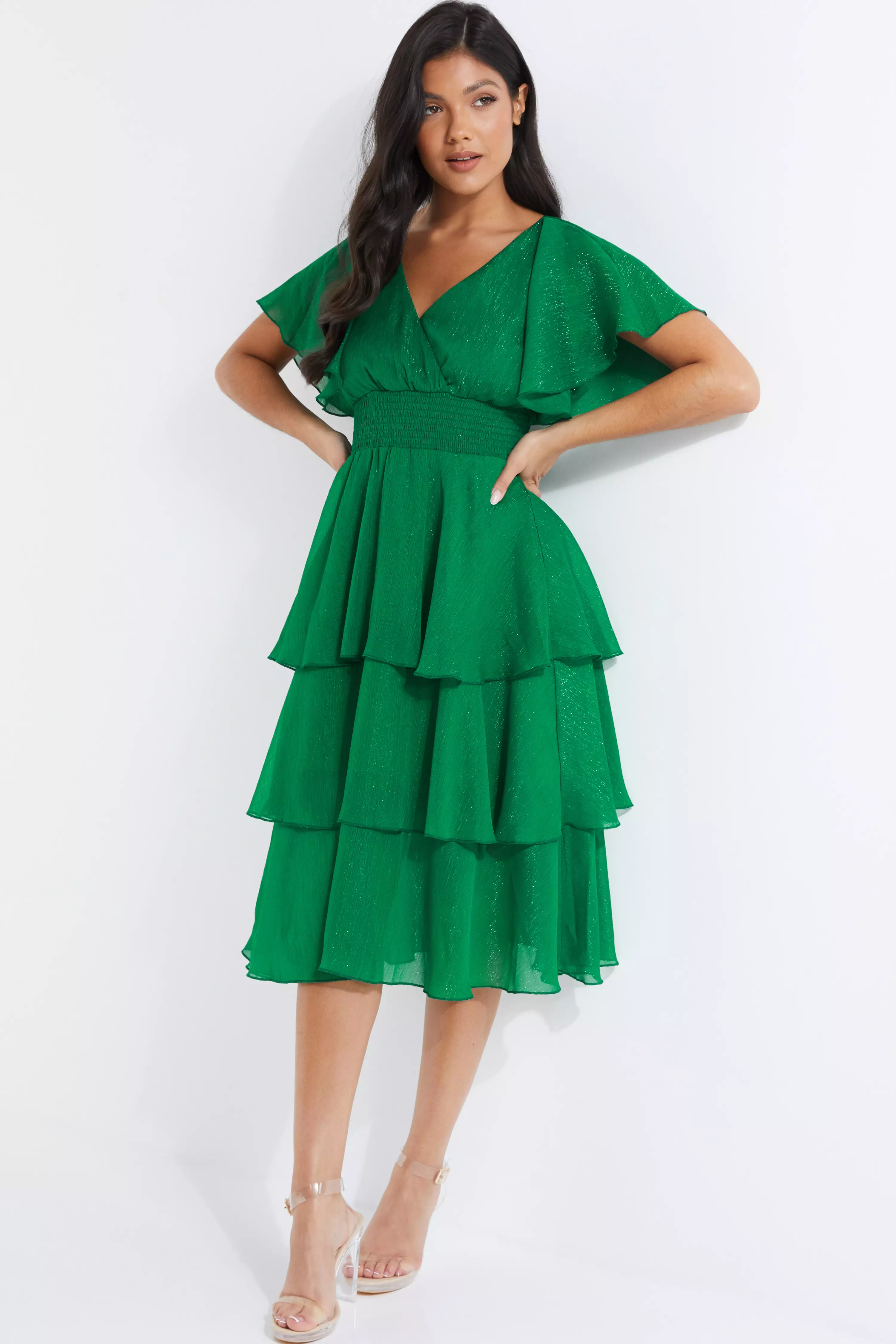 Green Chiffon Tiered Midi Dress
