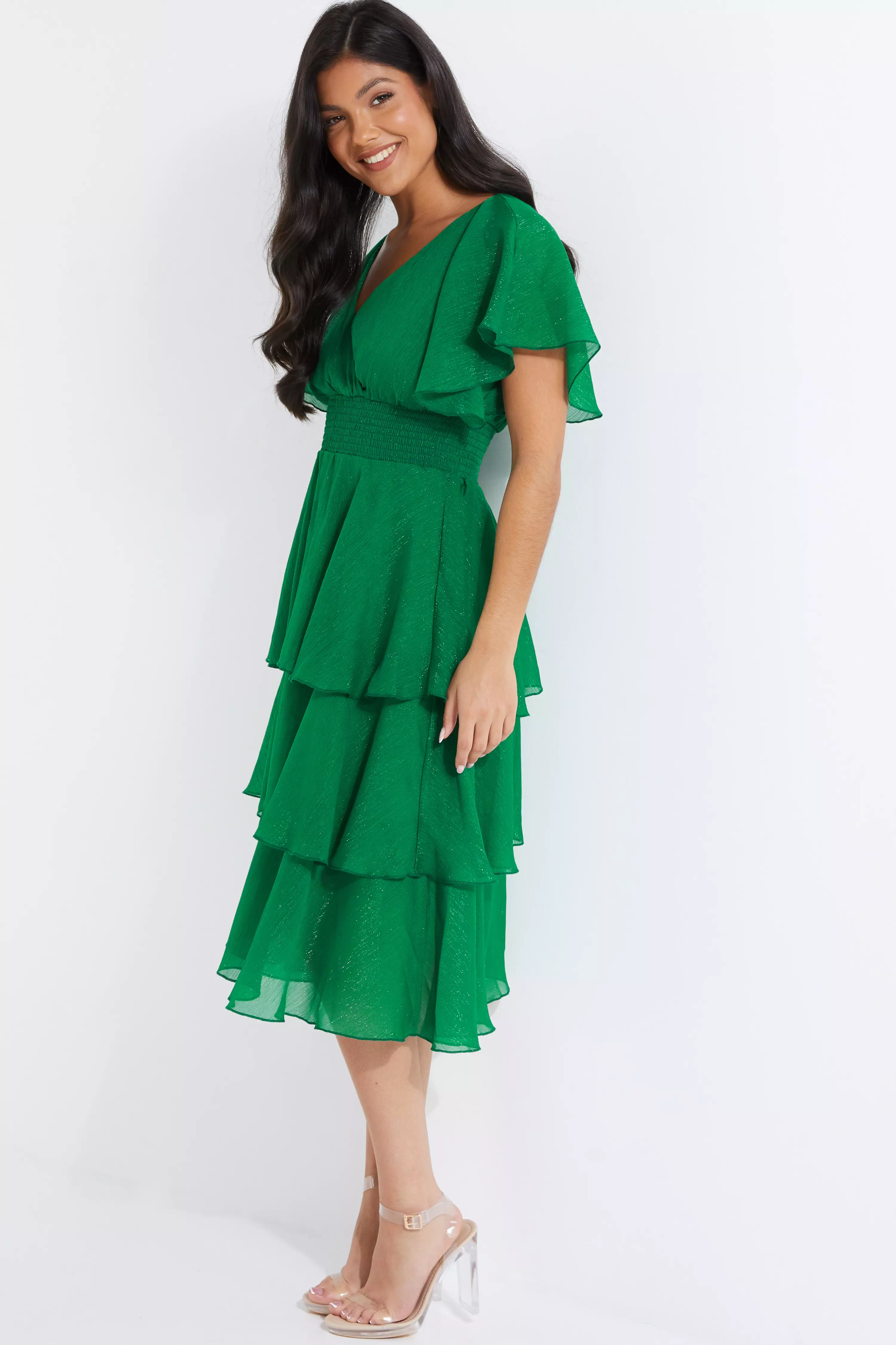 Green Chiffon Tiered Midi Dress