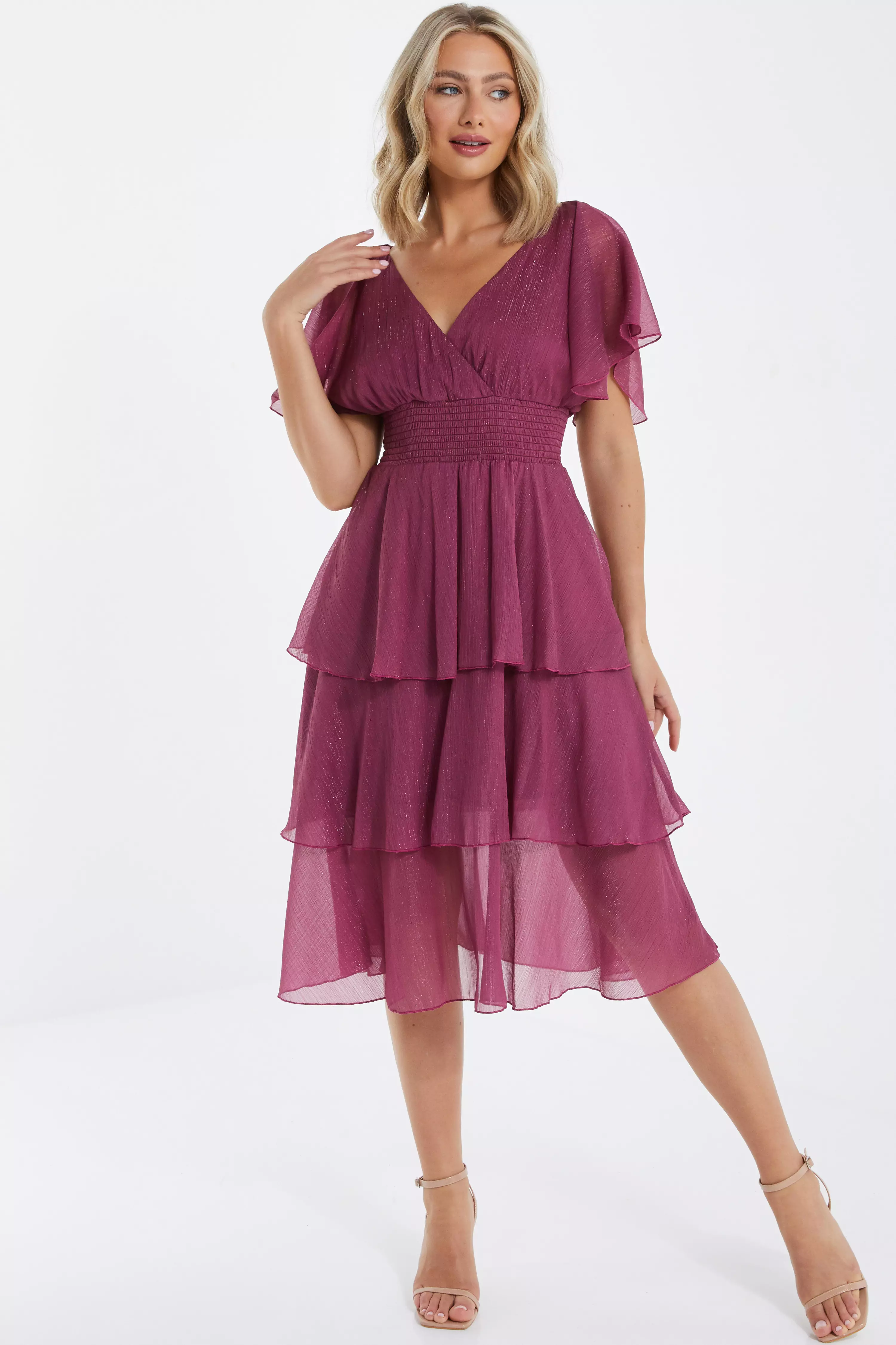 Pink Chiffon Tiered Midi Dress