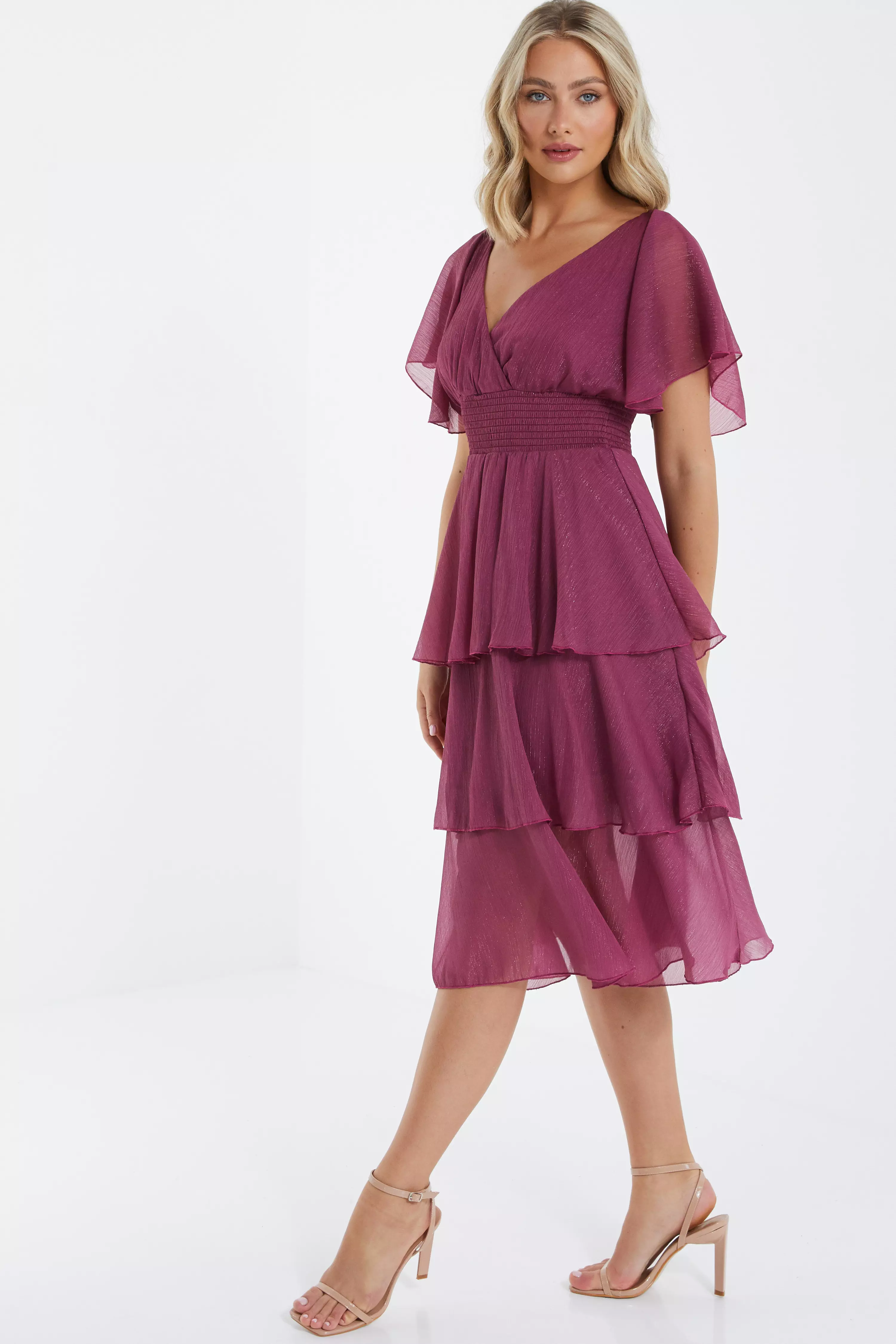 Pink Chiffon Tiered Midi Dress