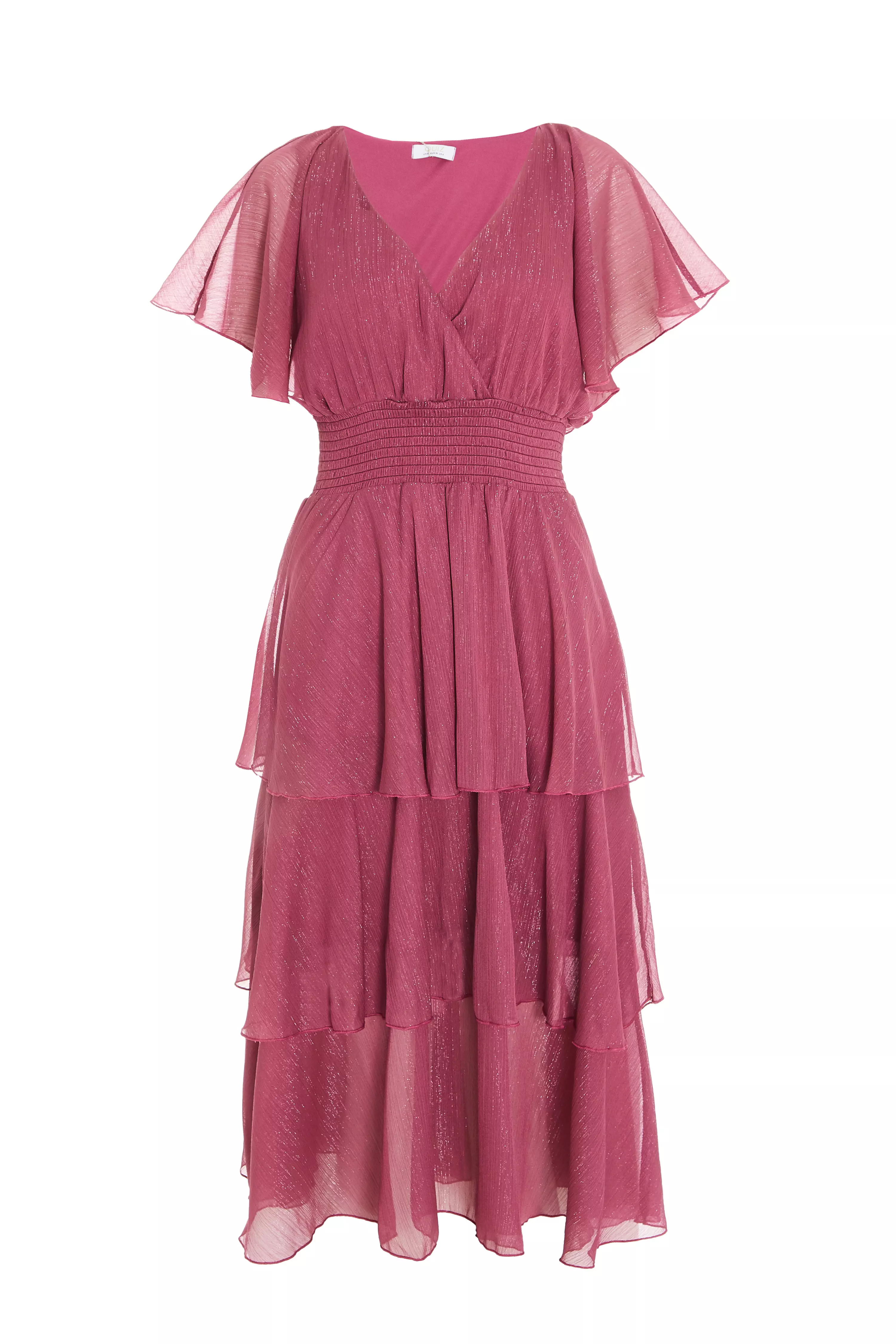 Pink Chiffon Tiered Midi Dress