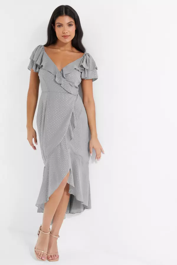 Grey Metallic Stripe Chiffon Midi Dress
