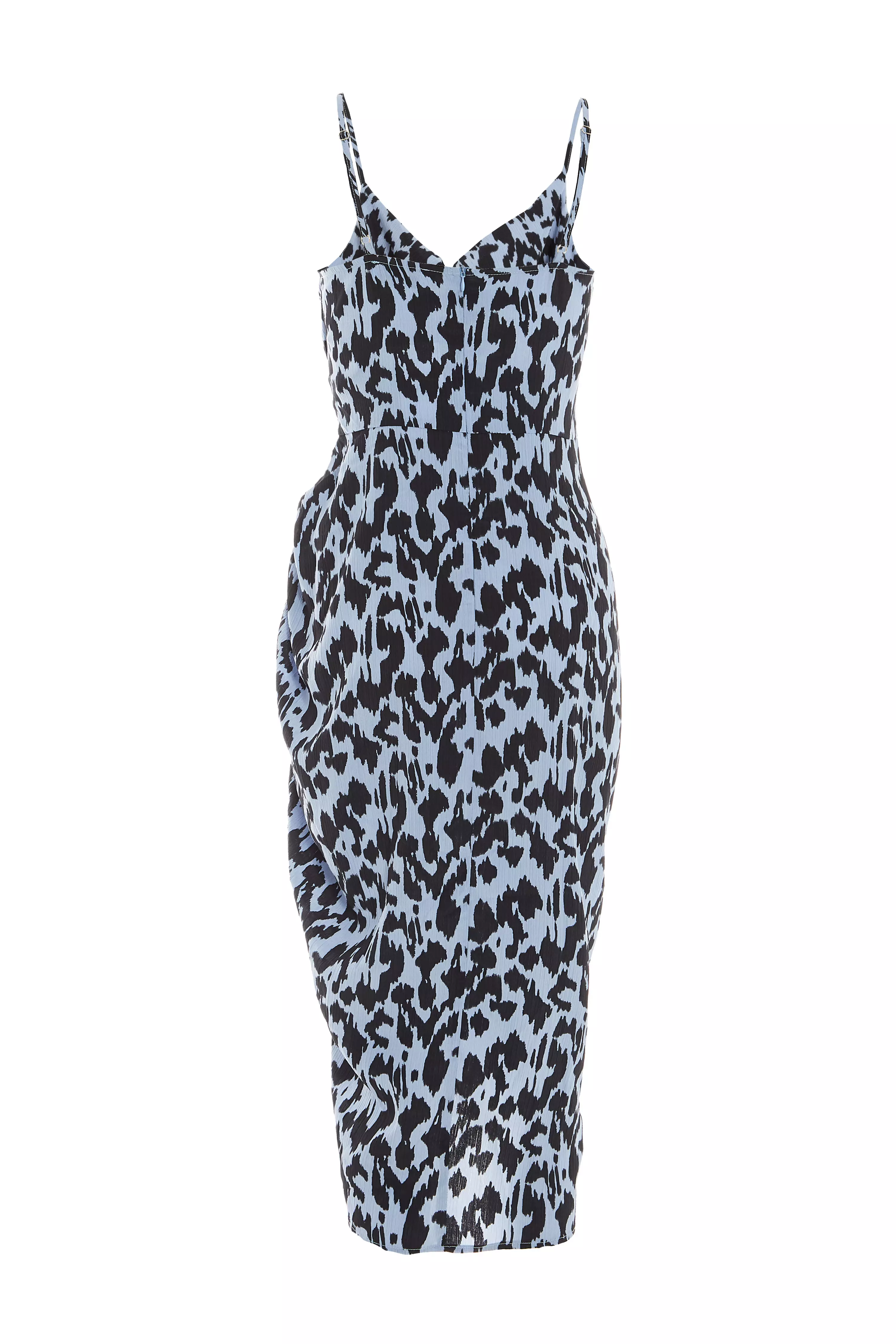 Blue Animal Print Ruched Midi Dress