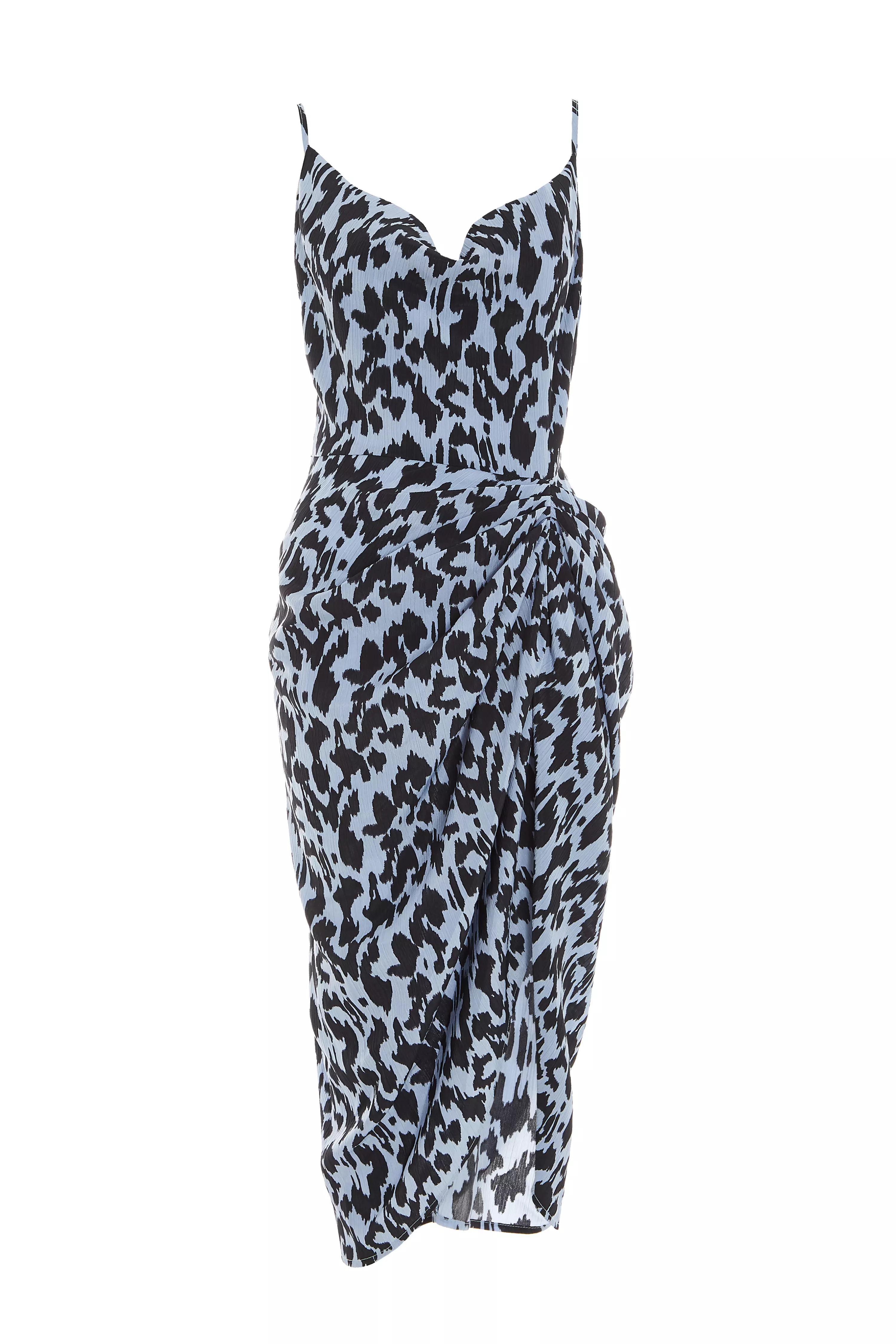 Blue Animal Print Ruched Midi Dress