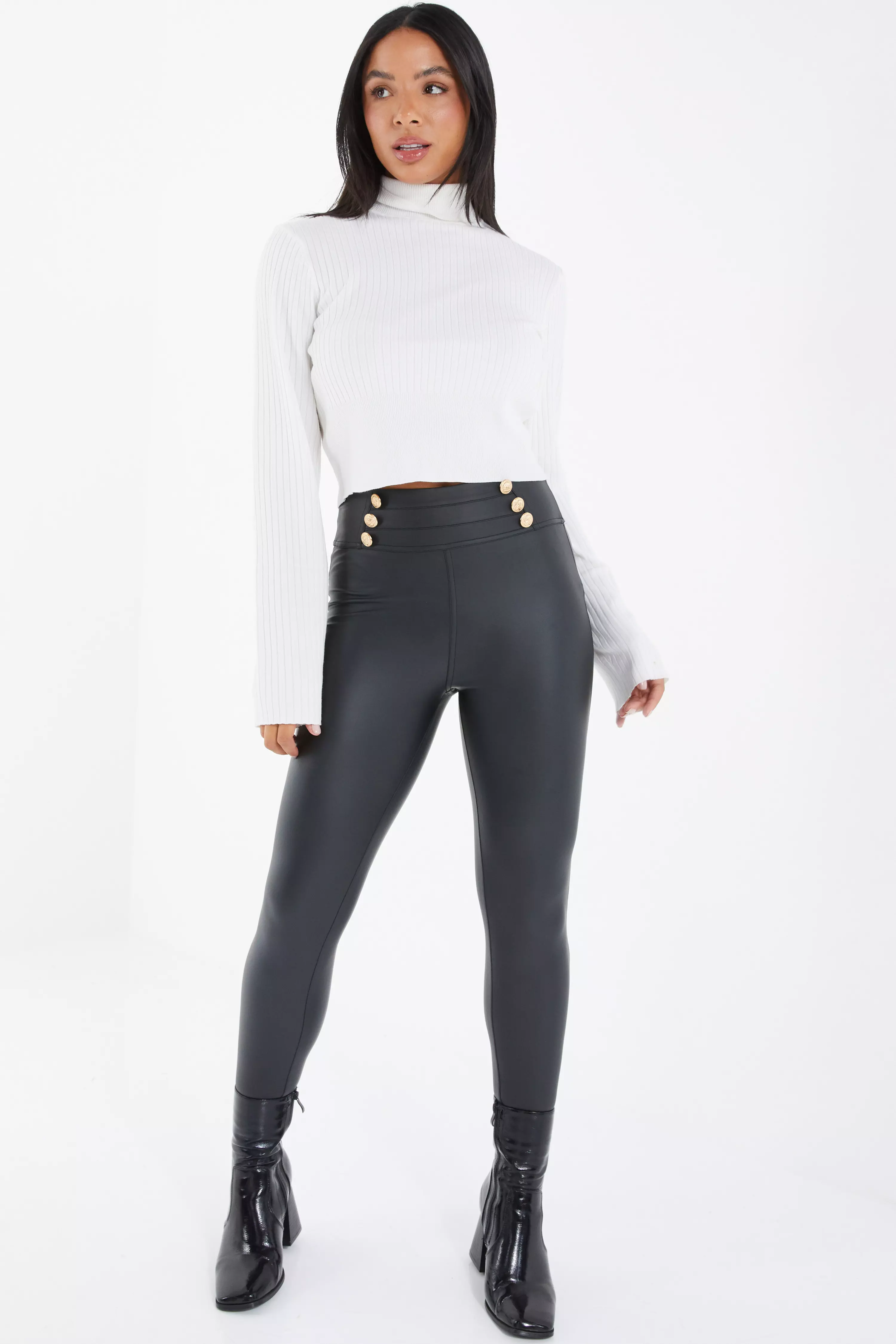 Black Faux Leather Button Leggings