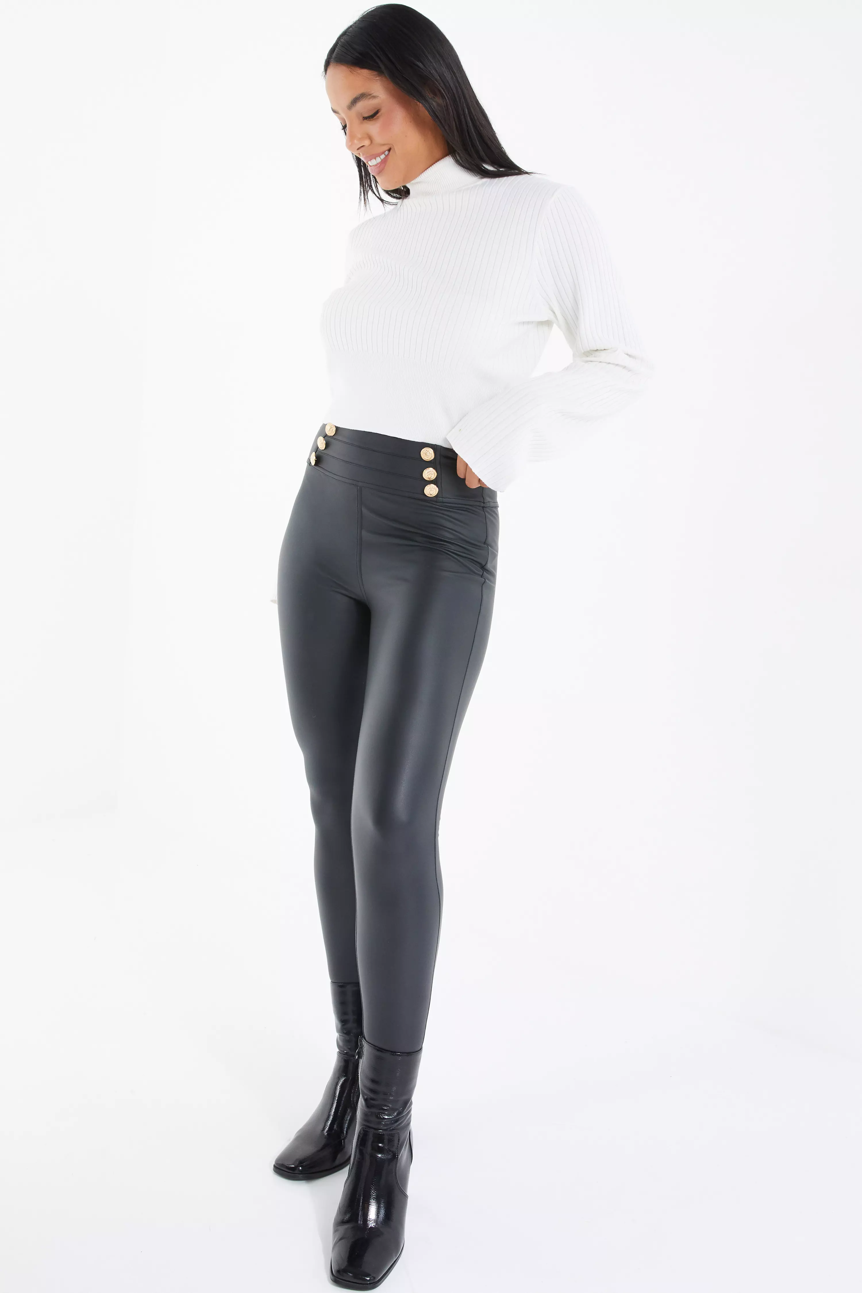 Black Faux Leather Button Leggings