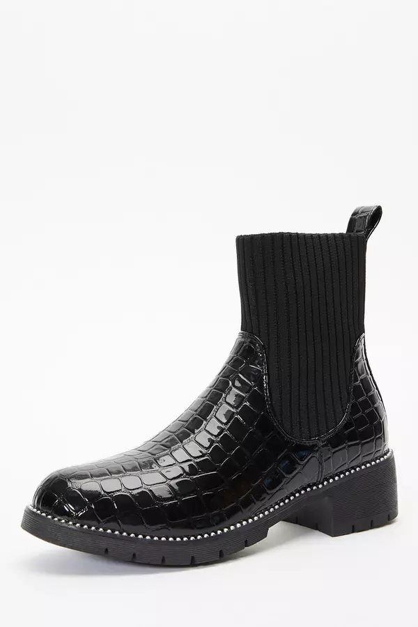 Black Crocodile Sock Ankle Boots