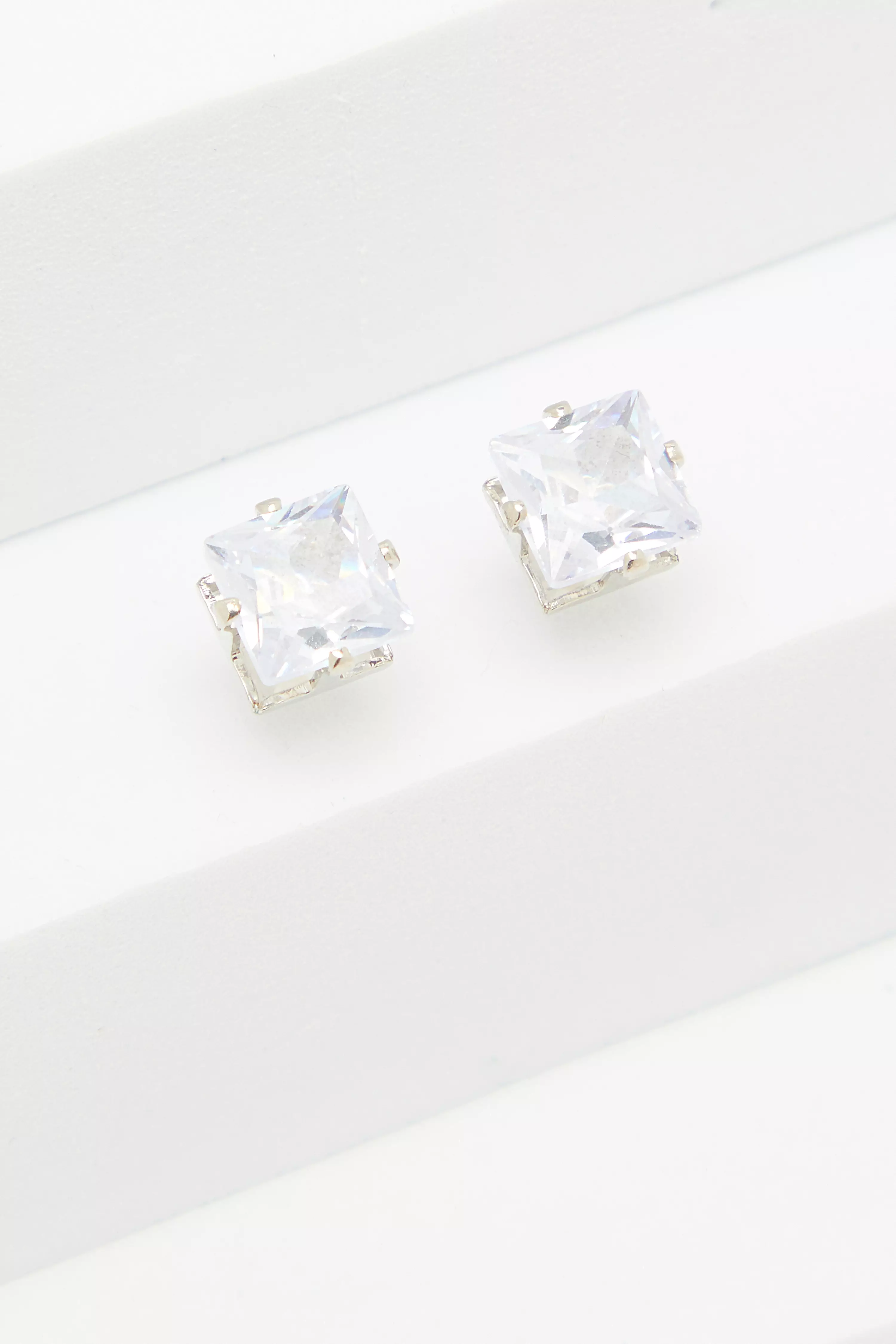 Silver Square Diamante Stud Earrings