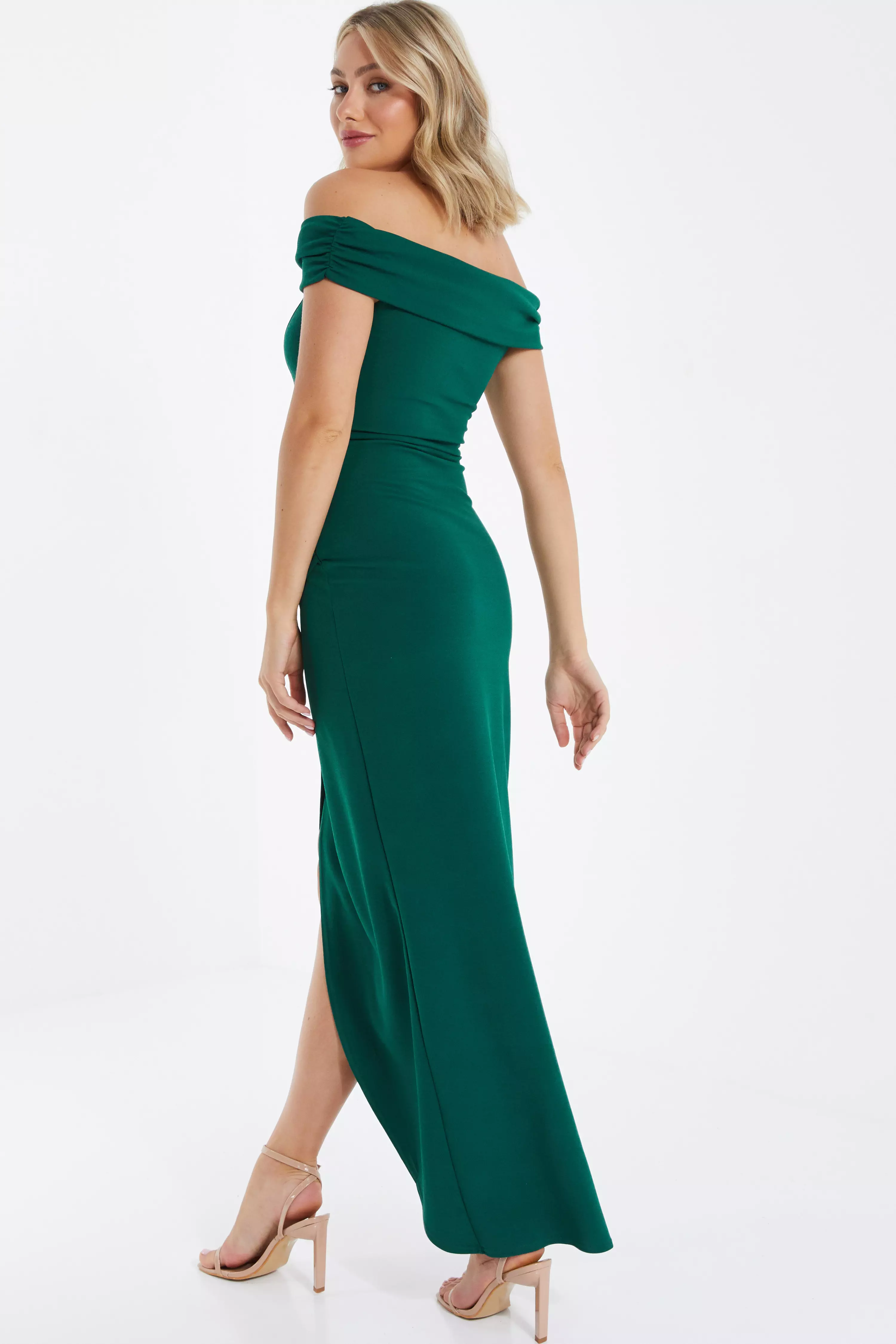 Bottle green bardot outlet ruched fishtail maxi dress