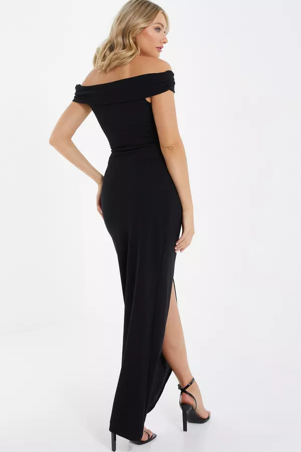 Black Ruched Bardot Maxi Dress
