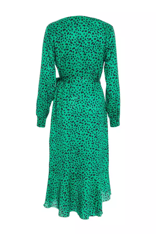 Green Animal Print Wrap Midi Dress