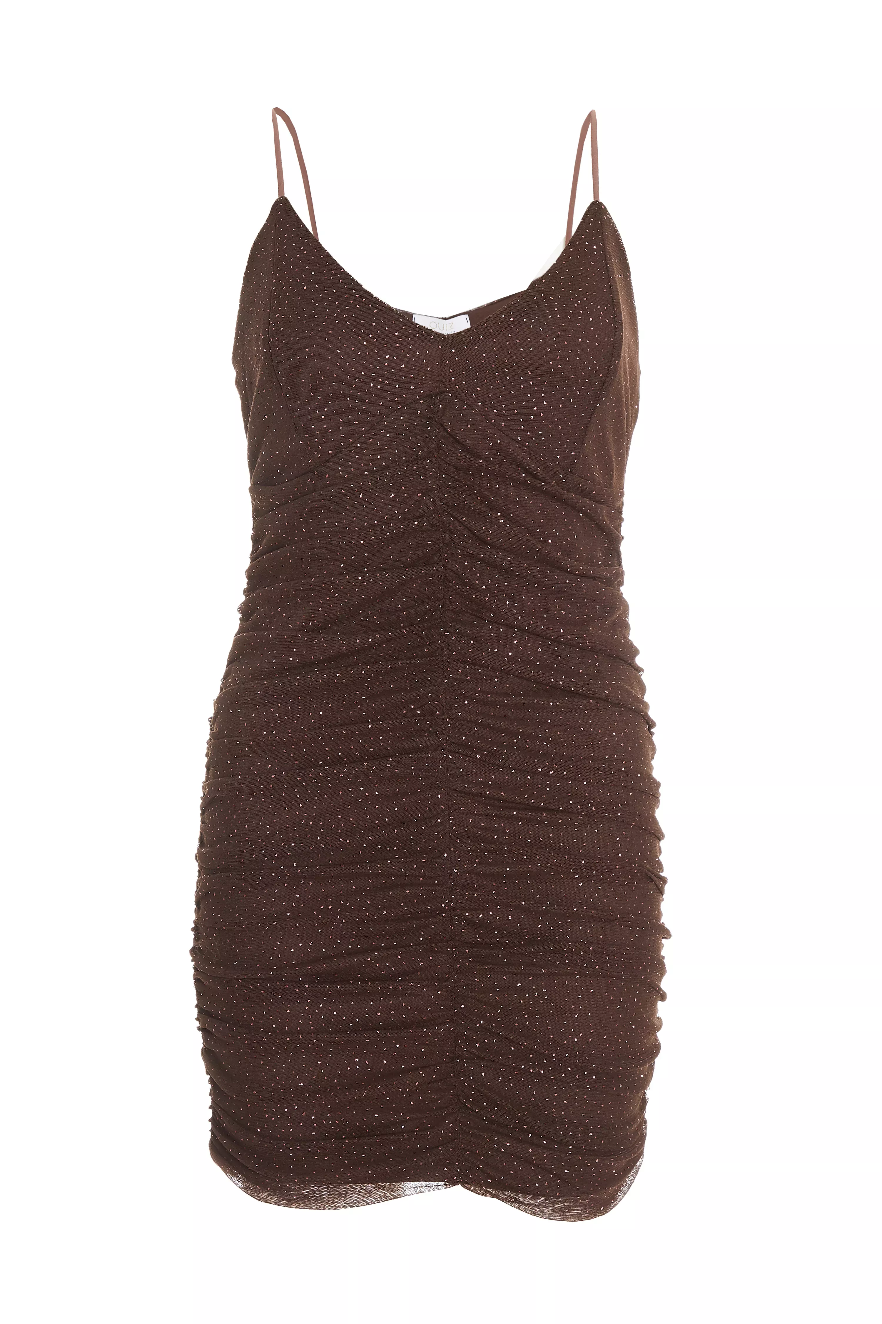 Brown Glitter Ruched Bodycon Mini Dress