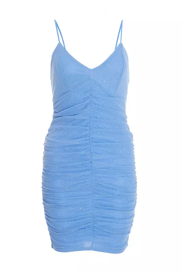 Blue Glitter Ruched Bodycon Mini Dress