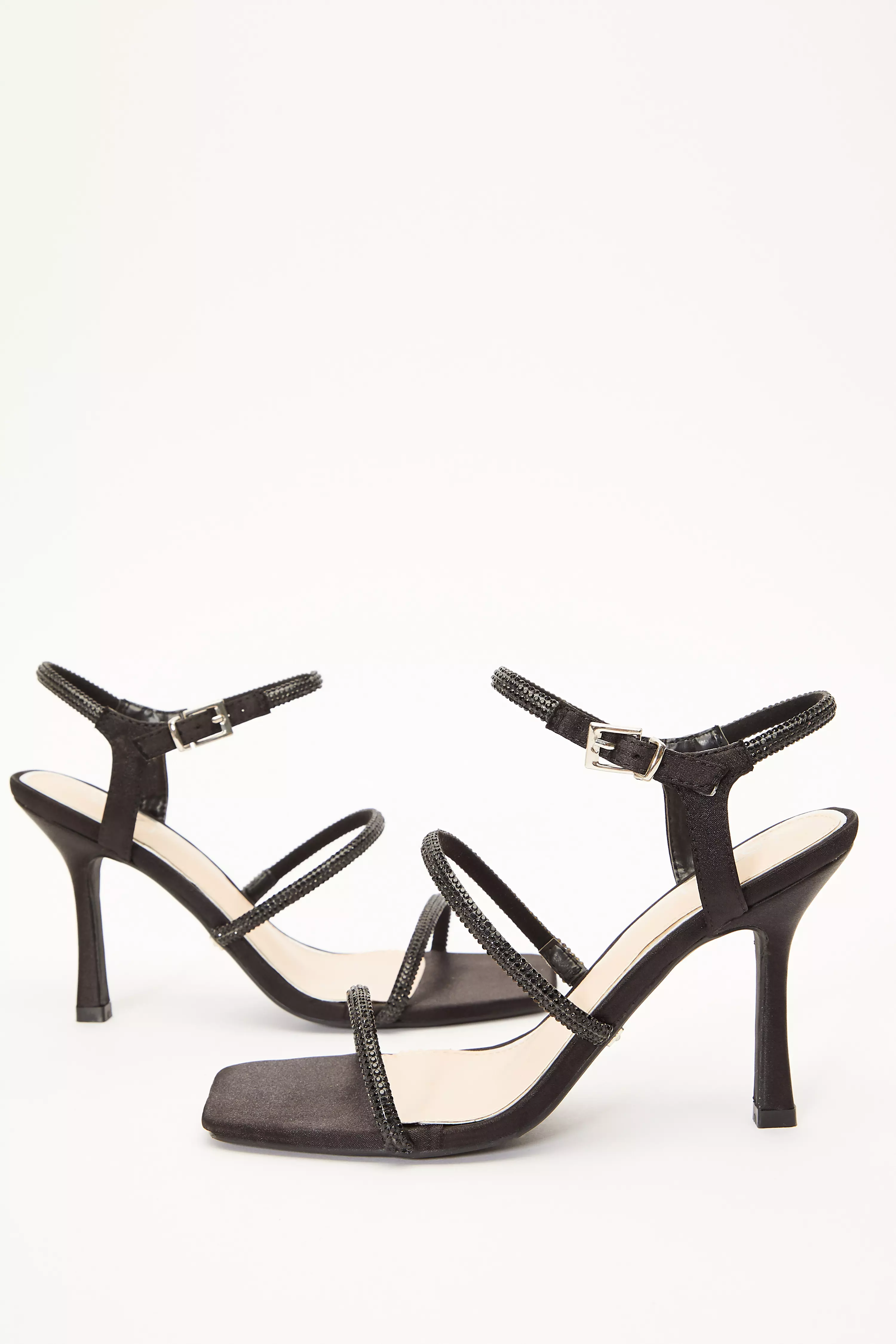 Black Satin Diamante Strap Heeled Sandals