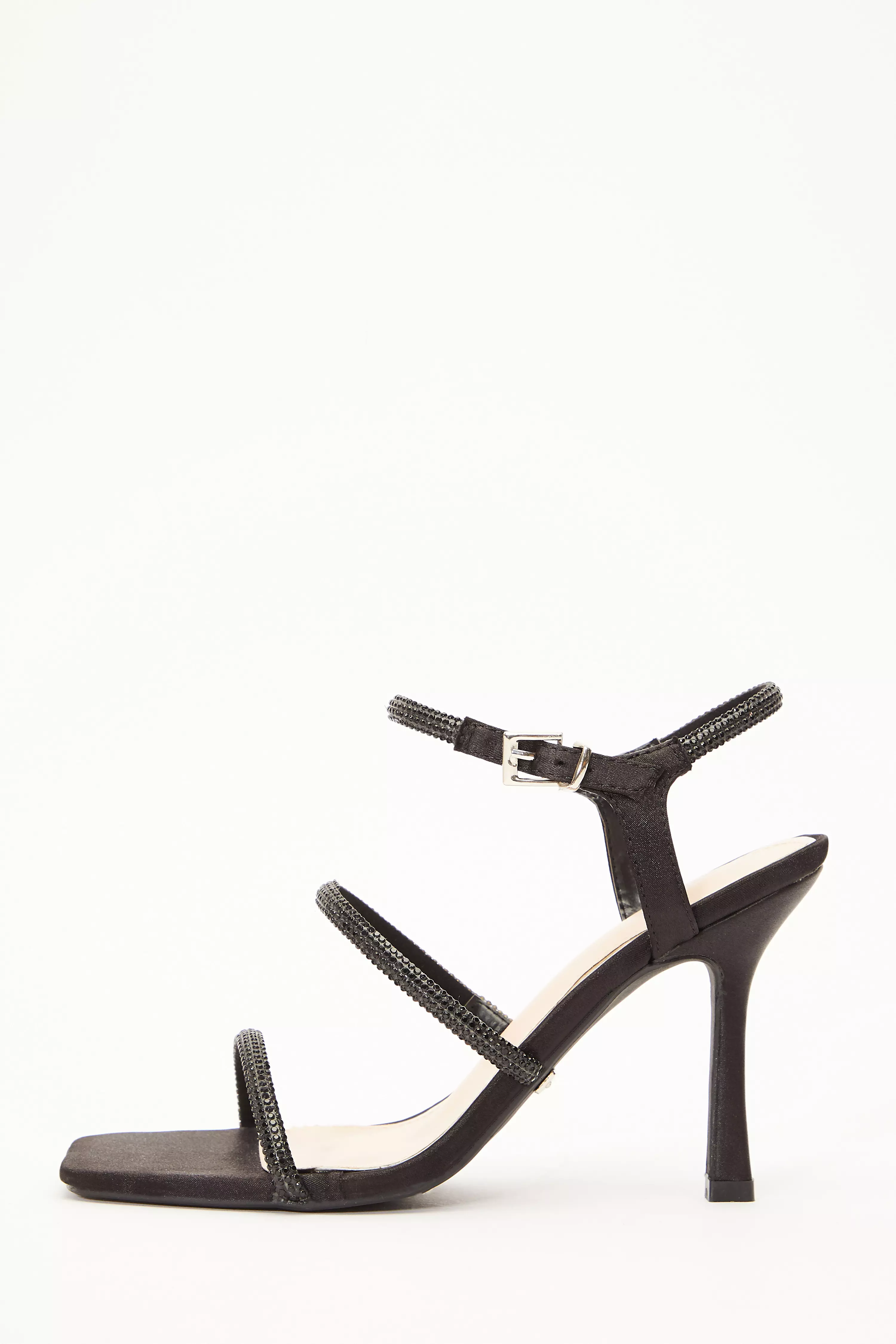 Black Satin Diamante Strap Heeled Sandals