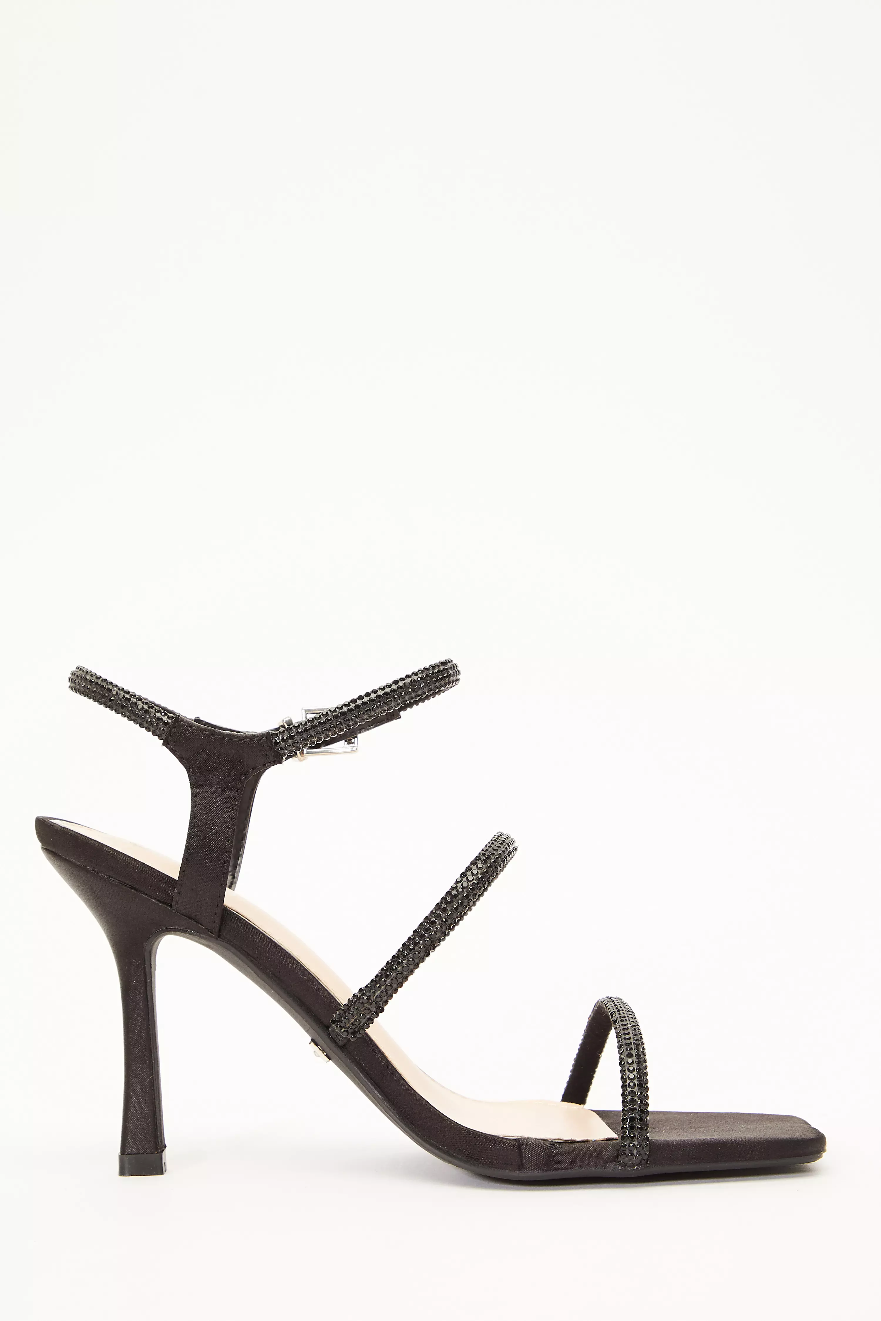 Black Satin Diamante Strap Heeled Sandals