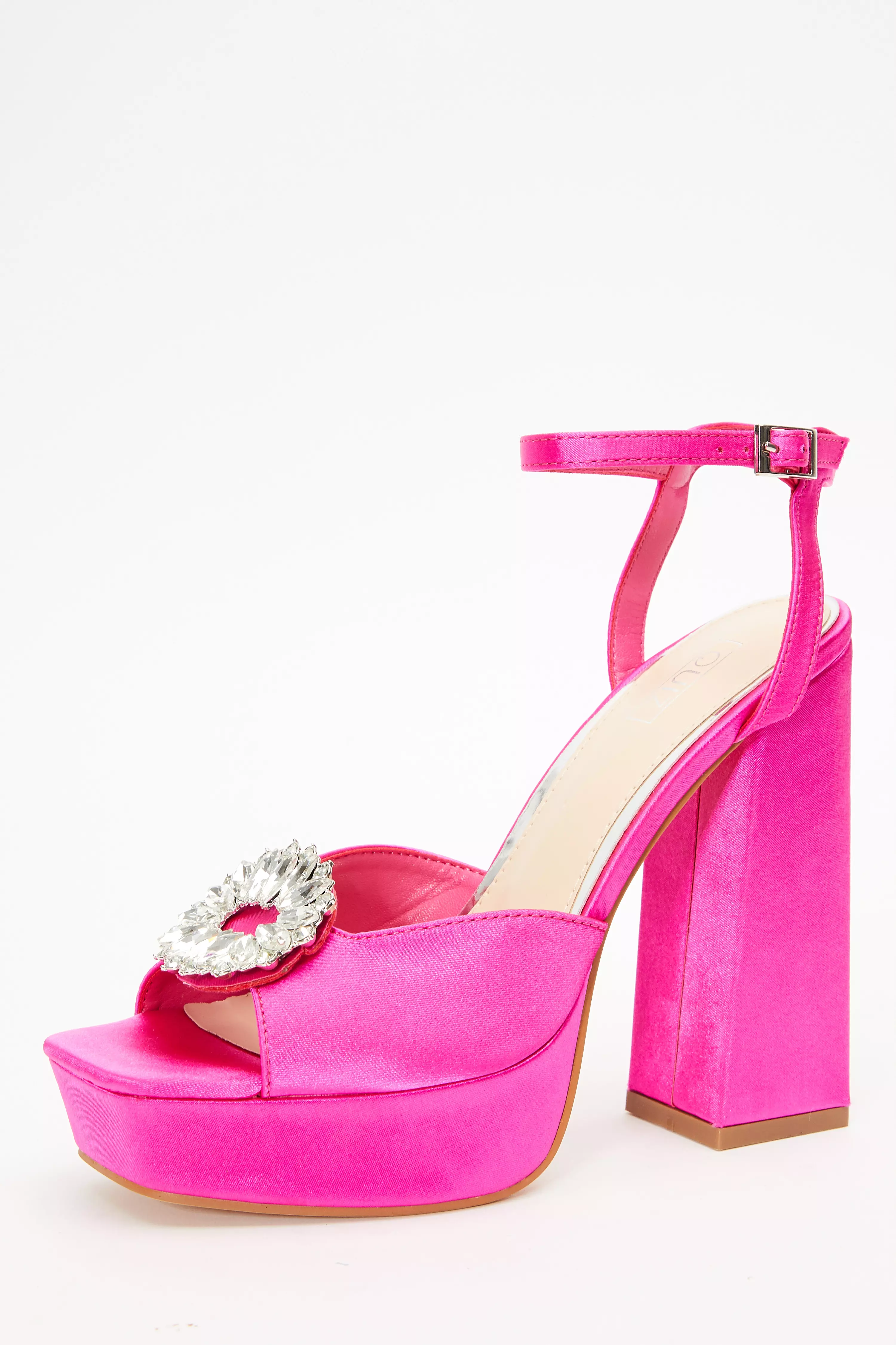 Pink Satin Brooch Platform Heeled Sandals