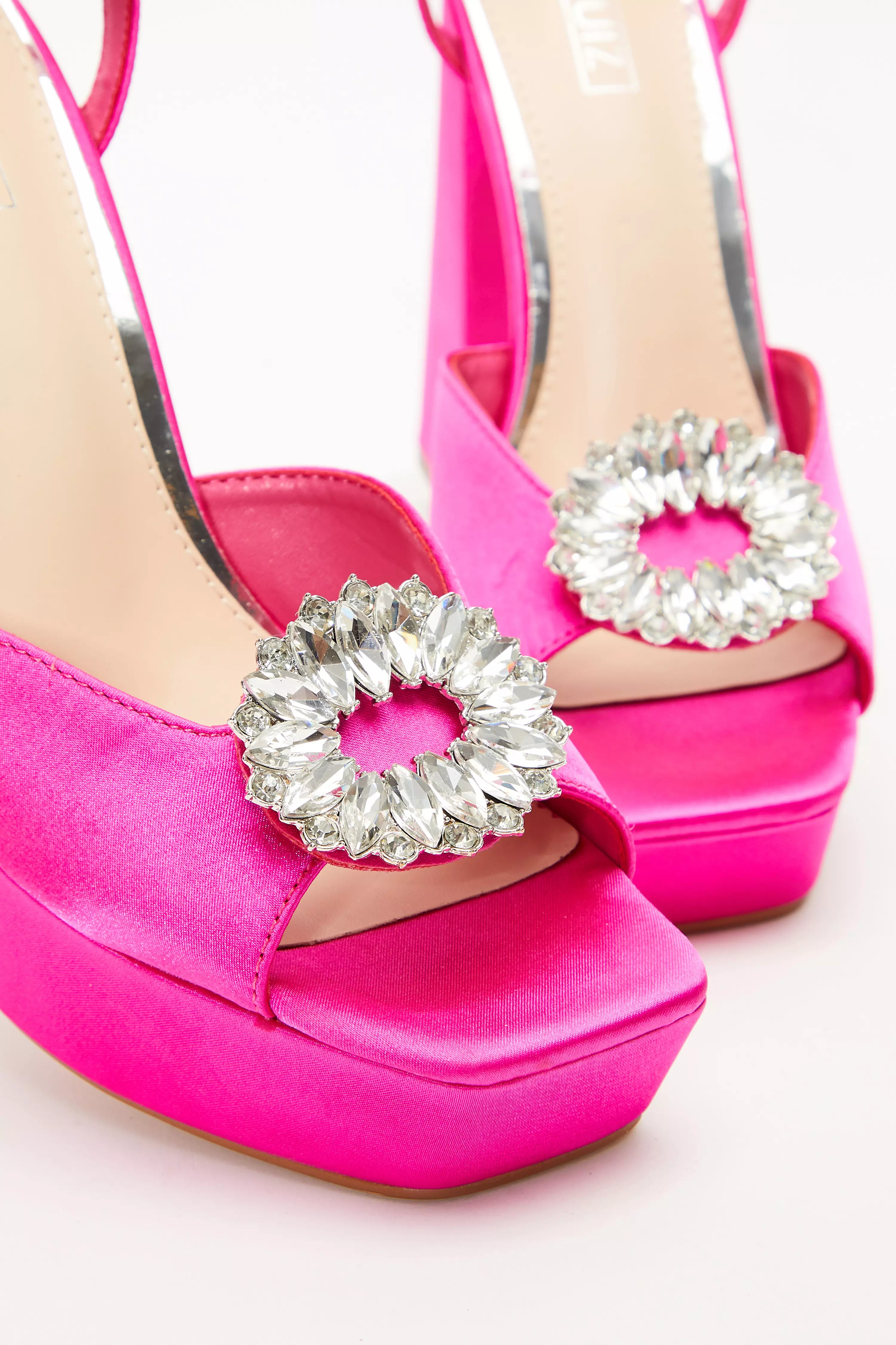 Pink Satin Brooch Platform Heeled Sandals