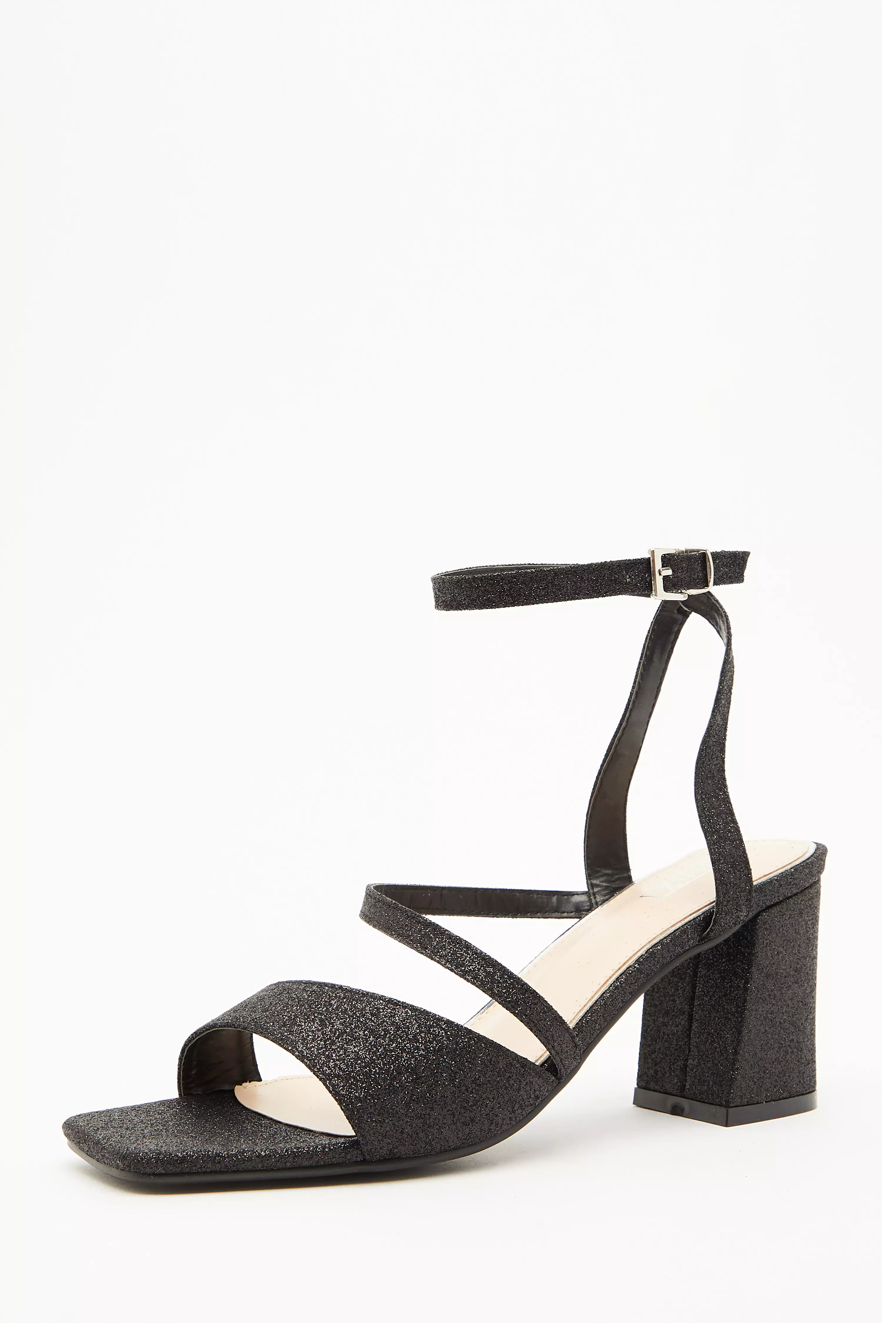 Black Glitter Block Heeled Sandals