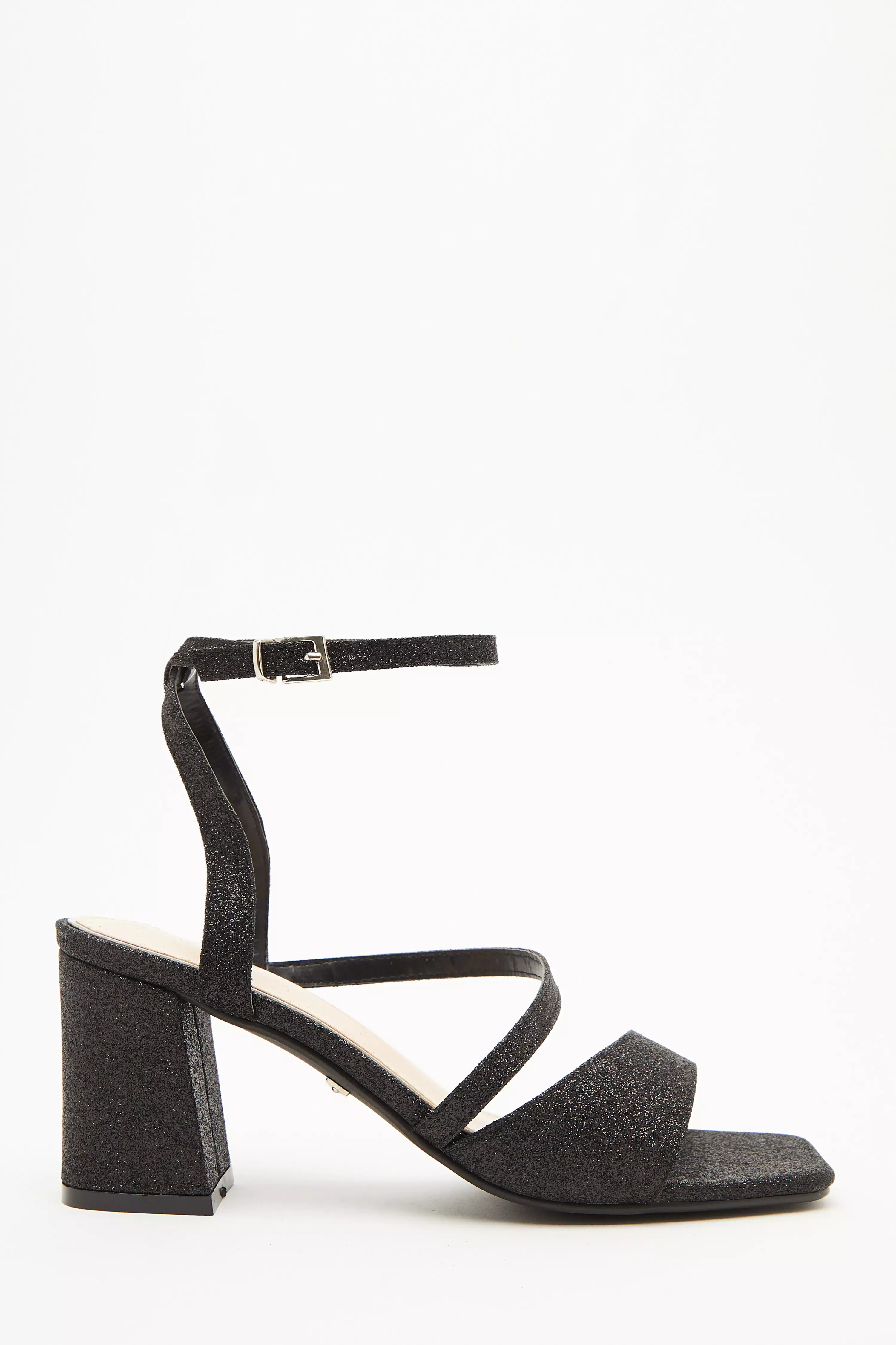 Black Glitter Block Heeled Sandals