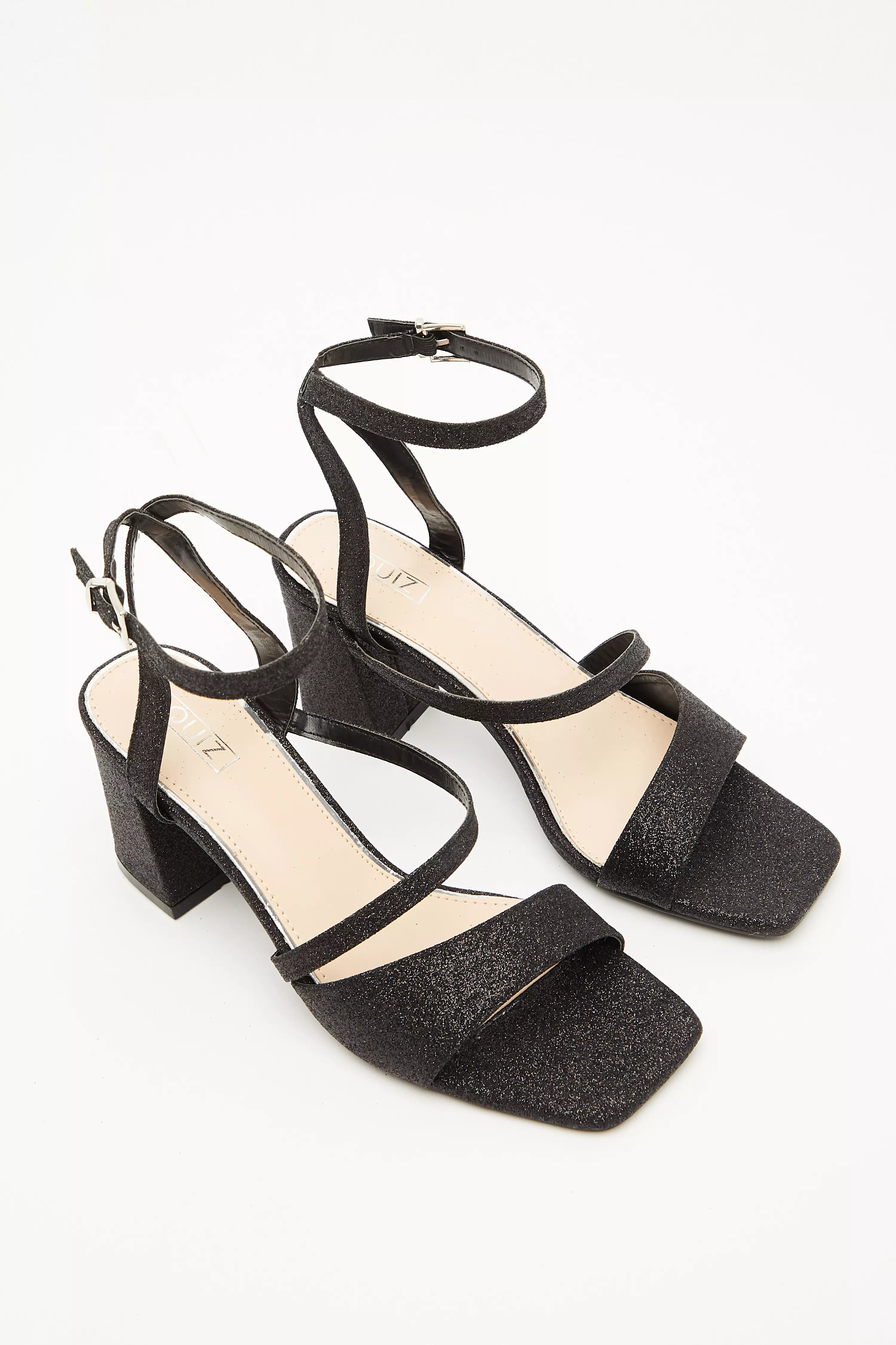 Black Glitter Block Heeled Sandals