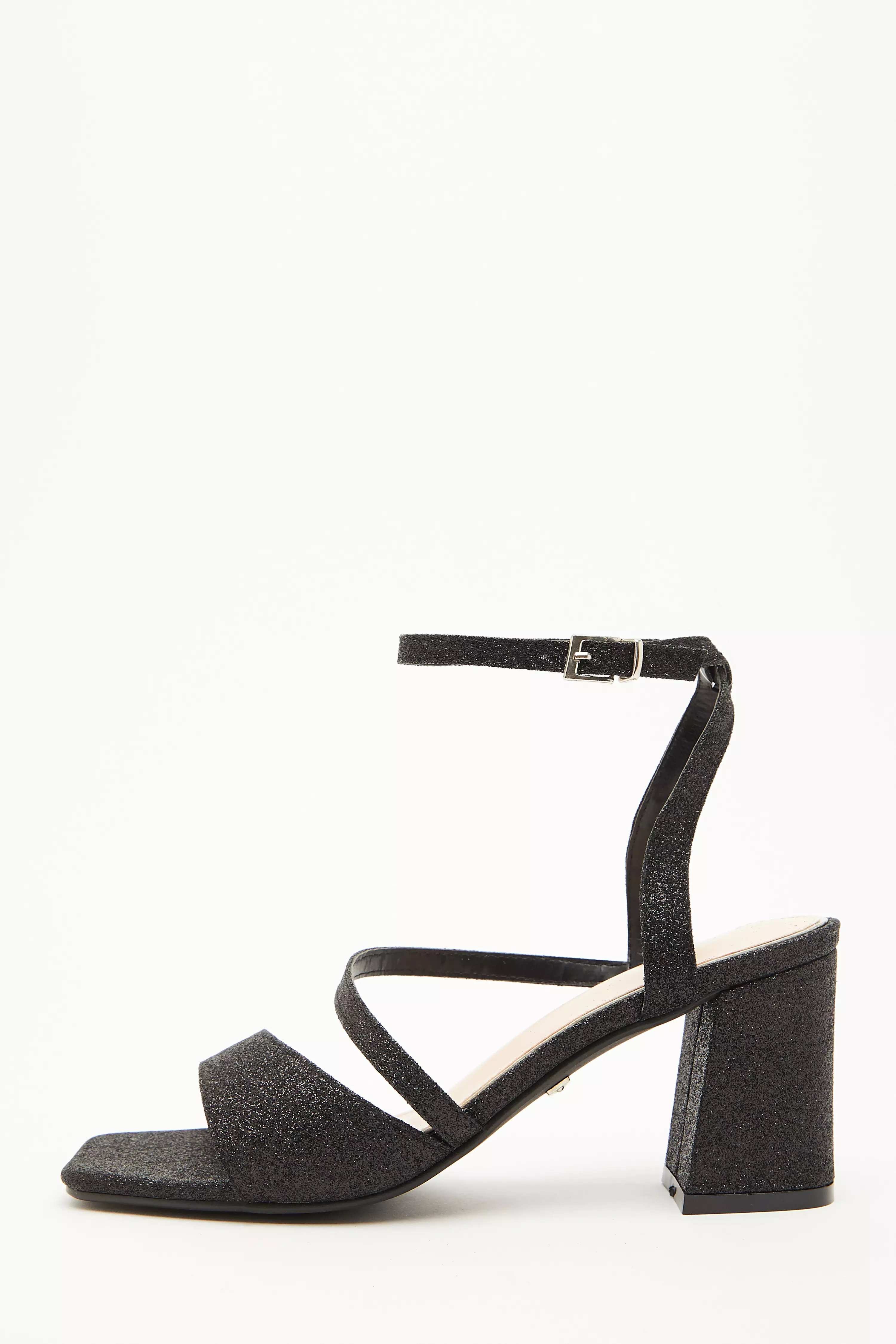 Black Glitter Block Heeled Sandals