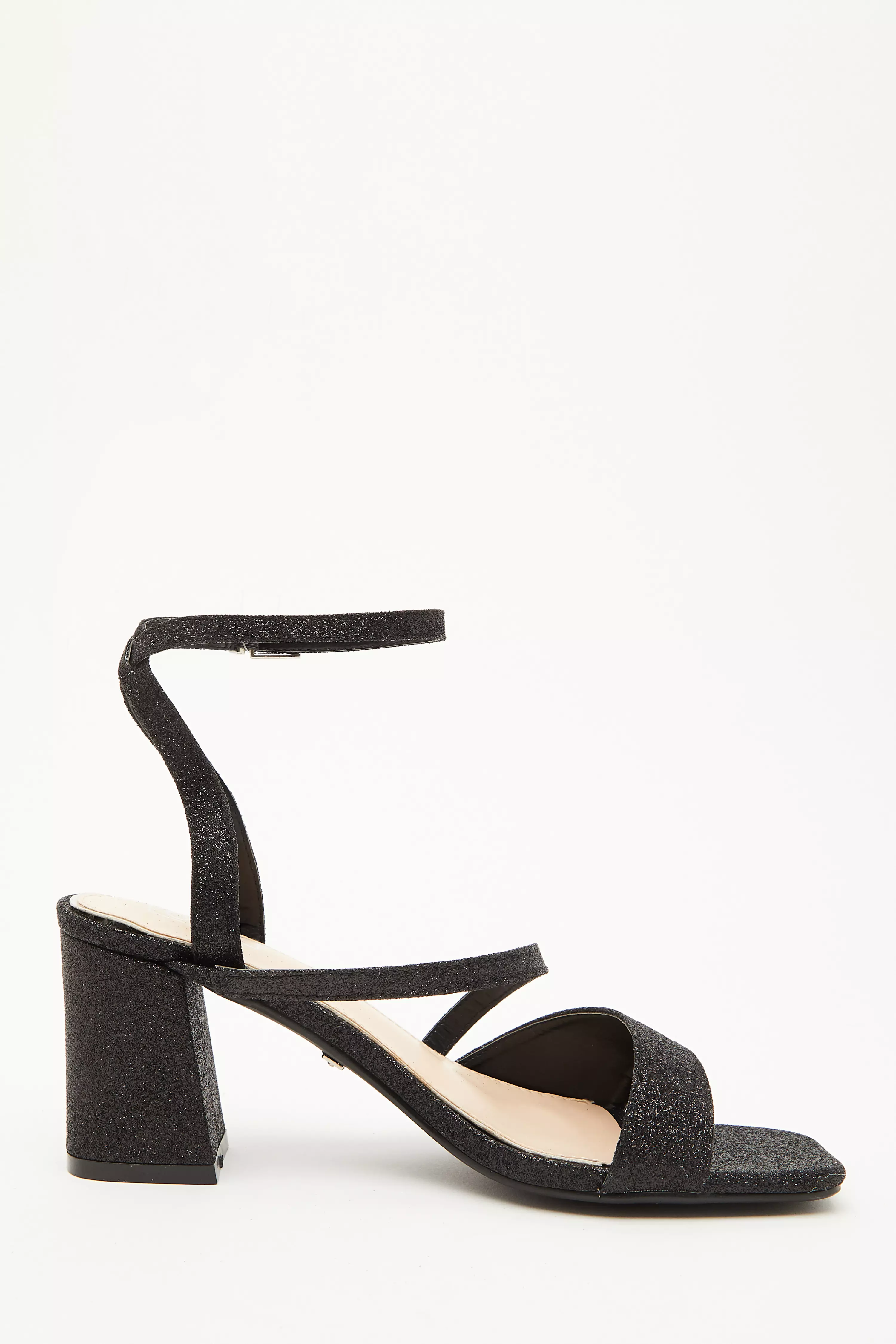 Black Glitter Block Heeled Sandals