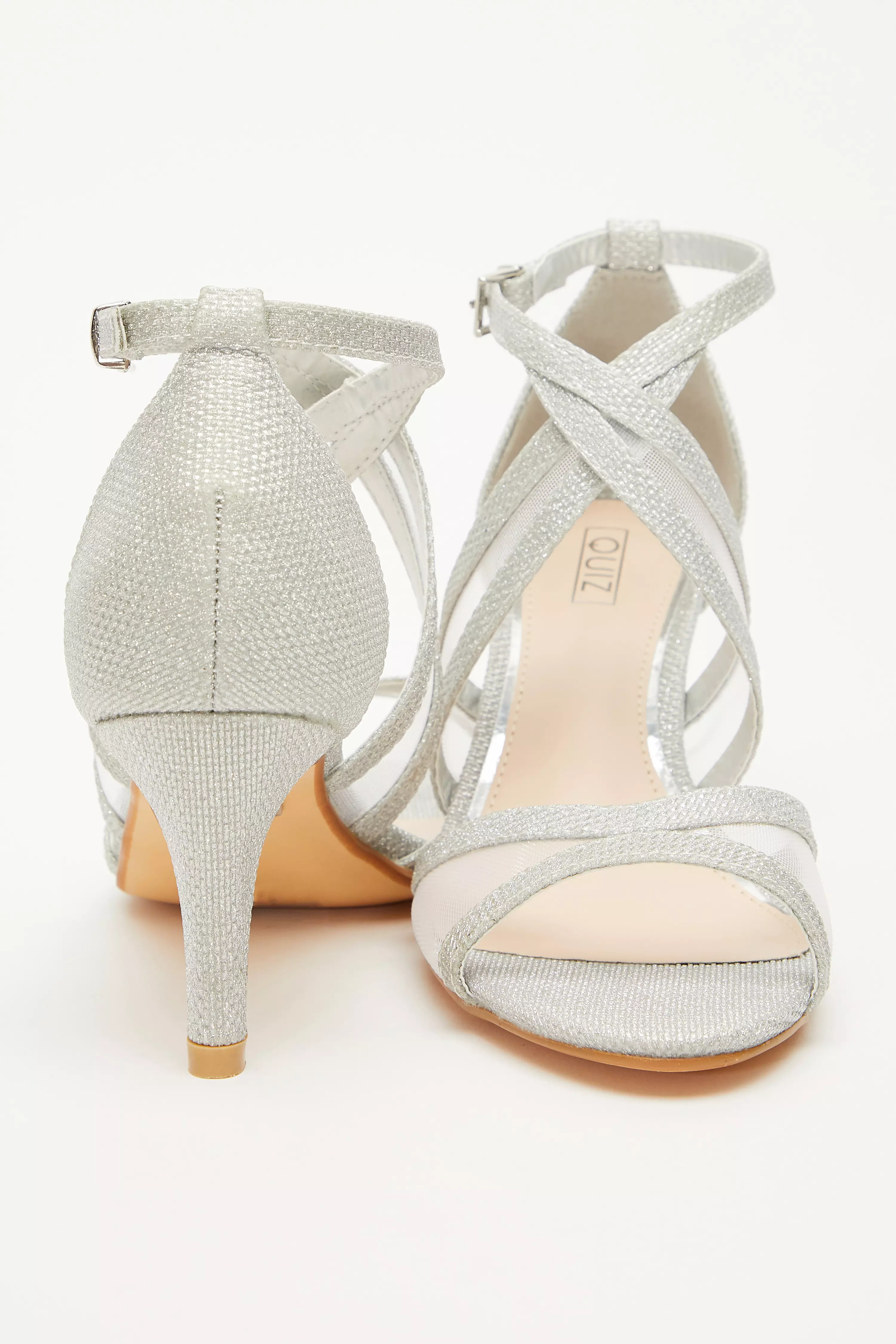 Silver Glitter Cross Strap Heeled Sandals