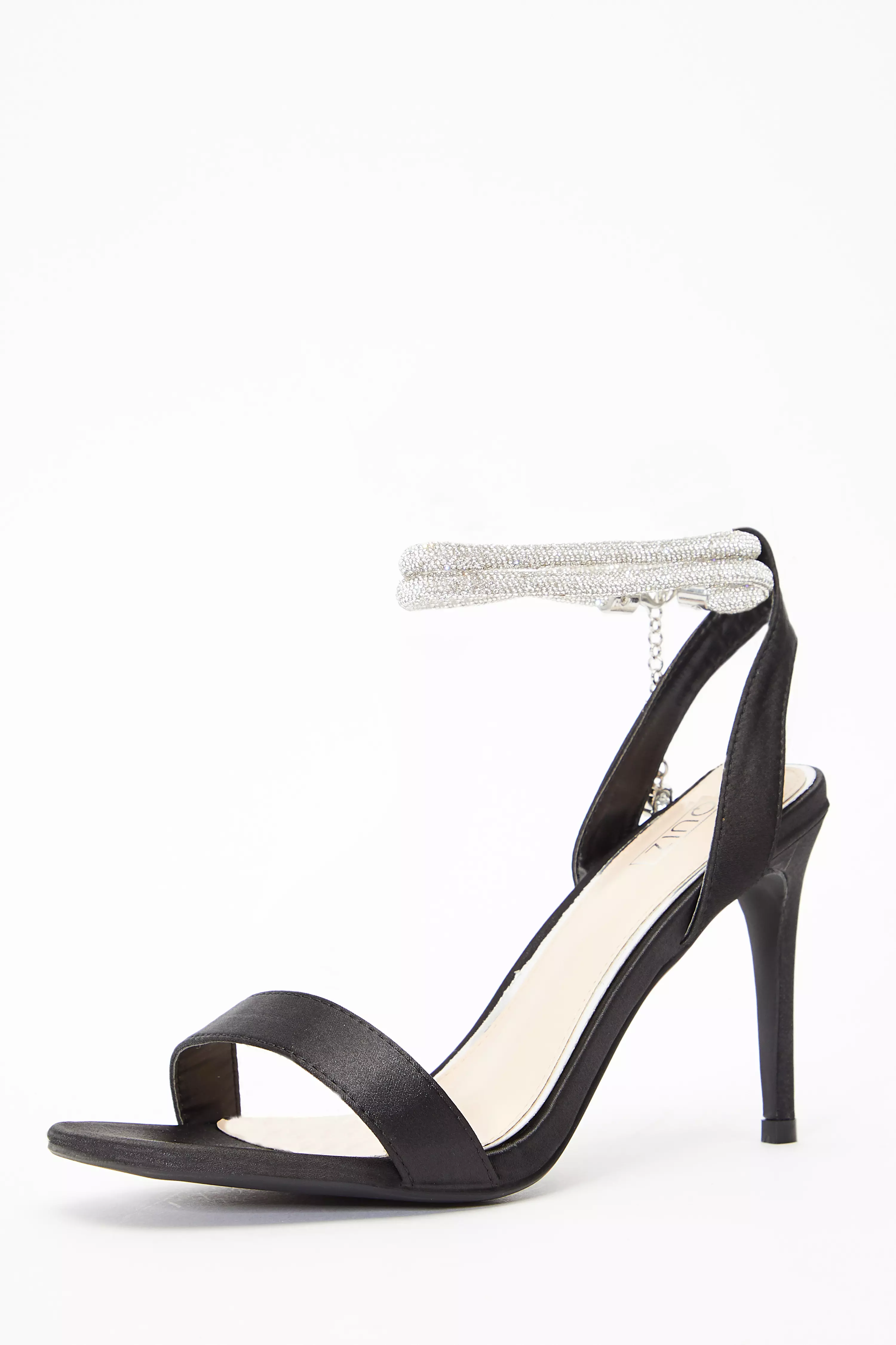 Black Satin Diamante Ankle Heeled Sandals