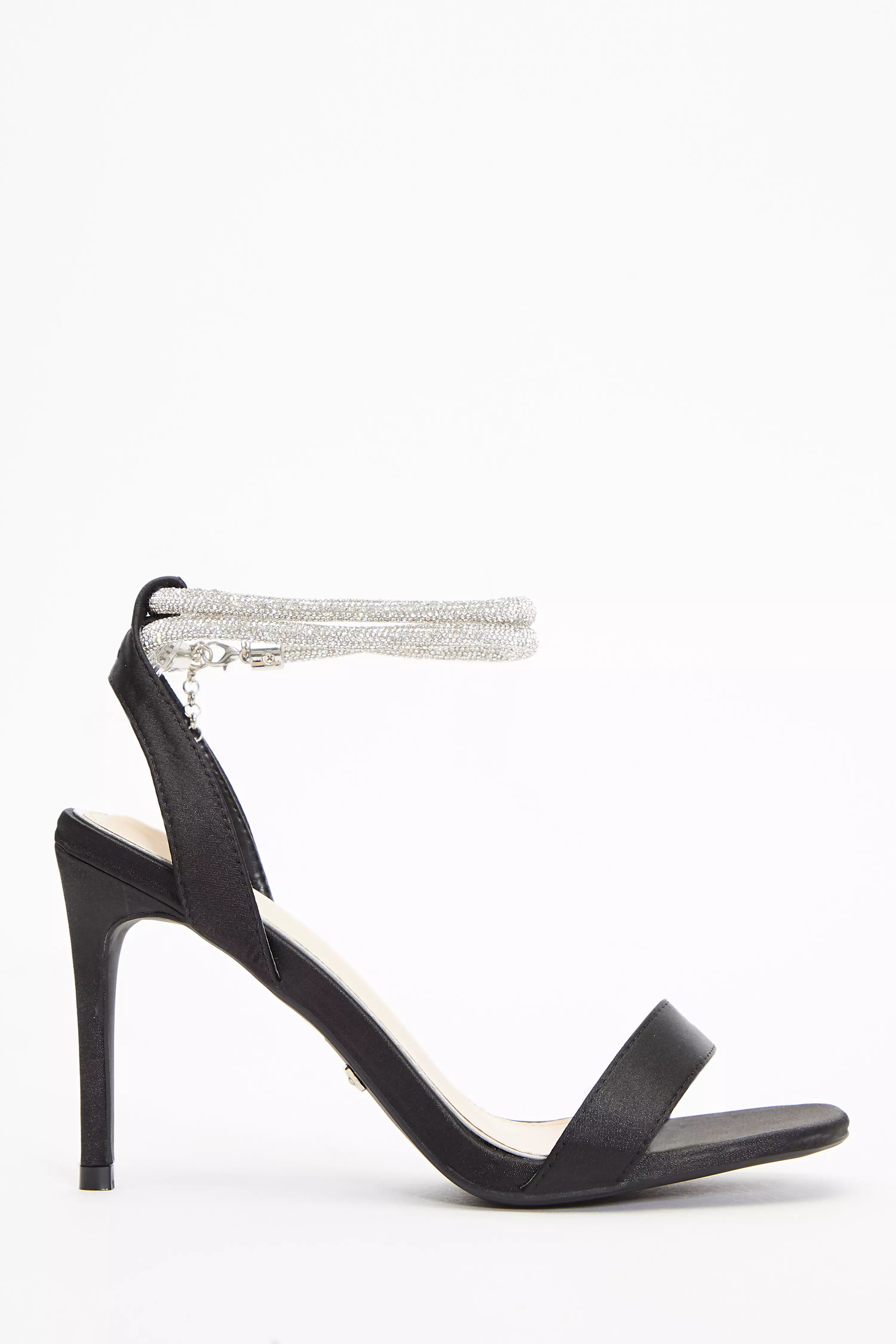 Black Satin Diamante Ankle Heeled Sandals