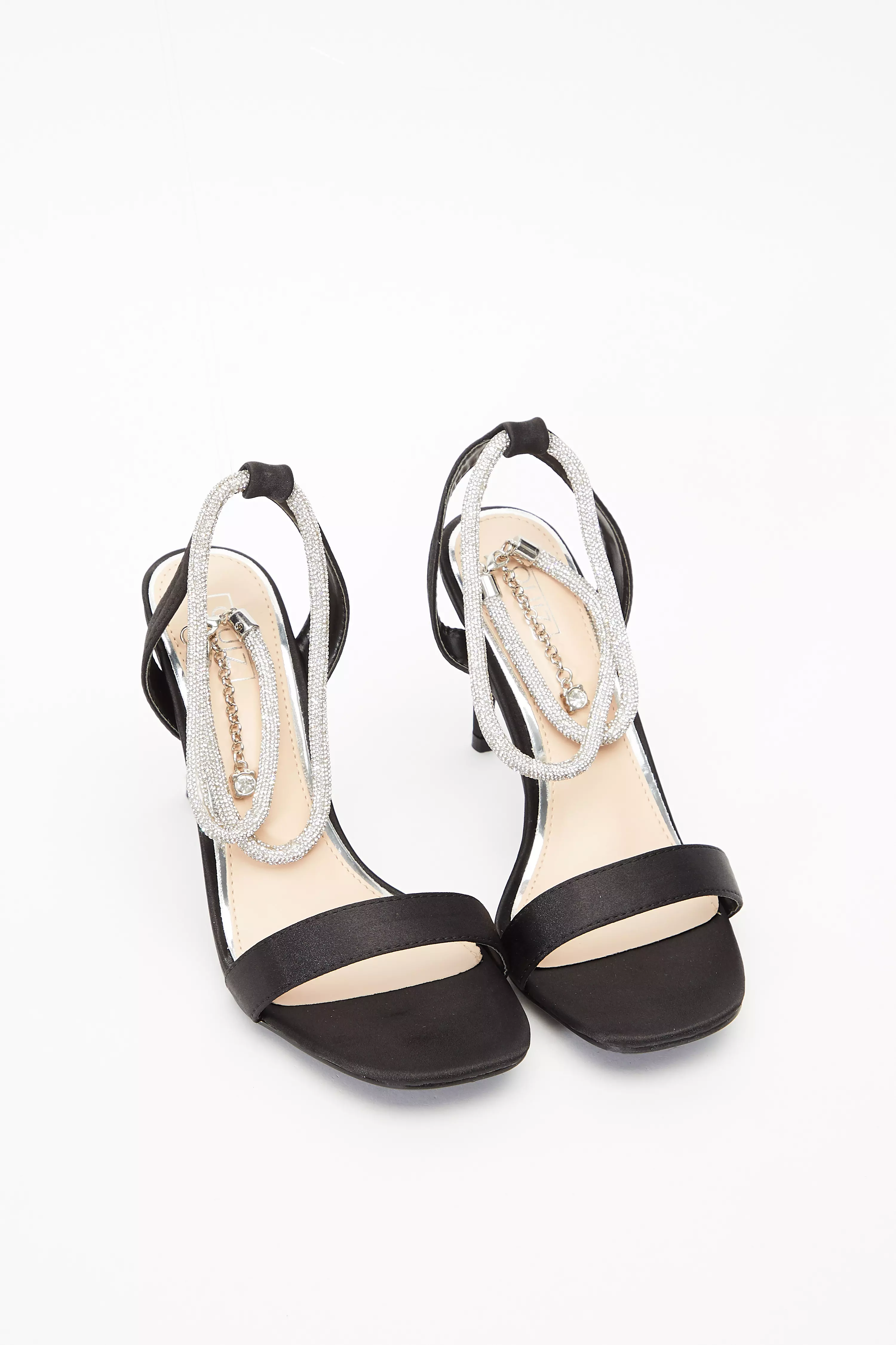 Black Satin Diamante Ankle Heeled Sandals