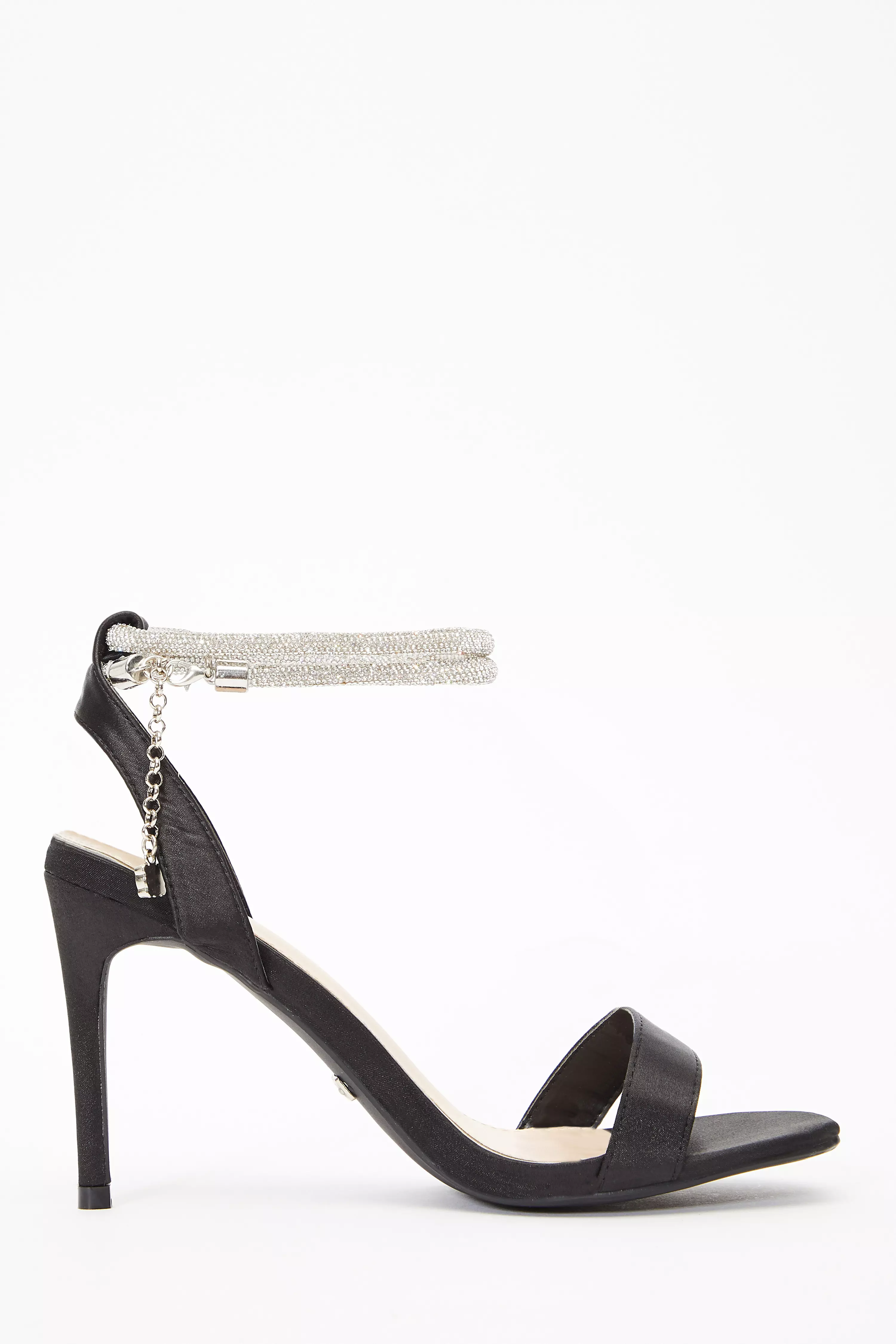 Black Satin Diamante Ankle Heeled Sandals