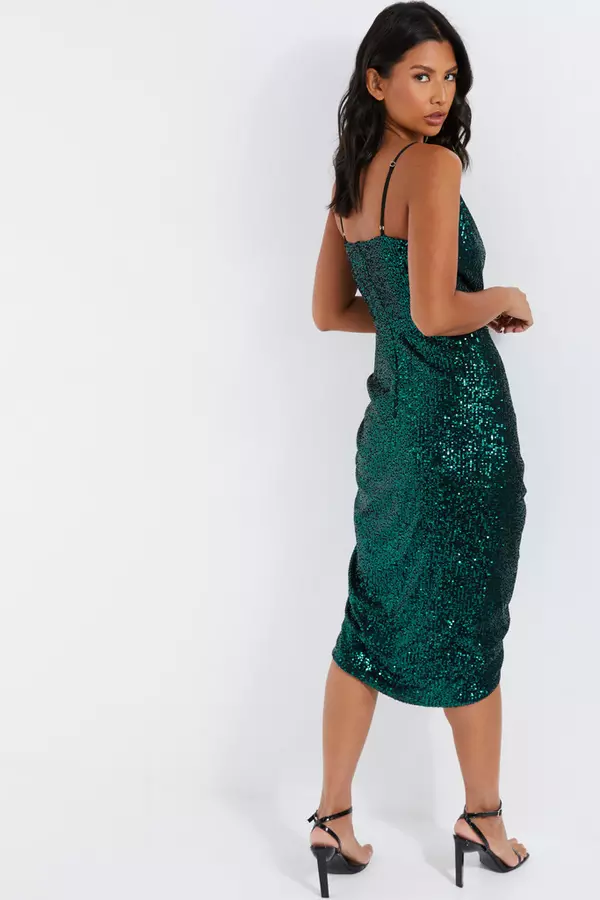 Green Sequin Ruched Midi Dress