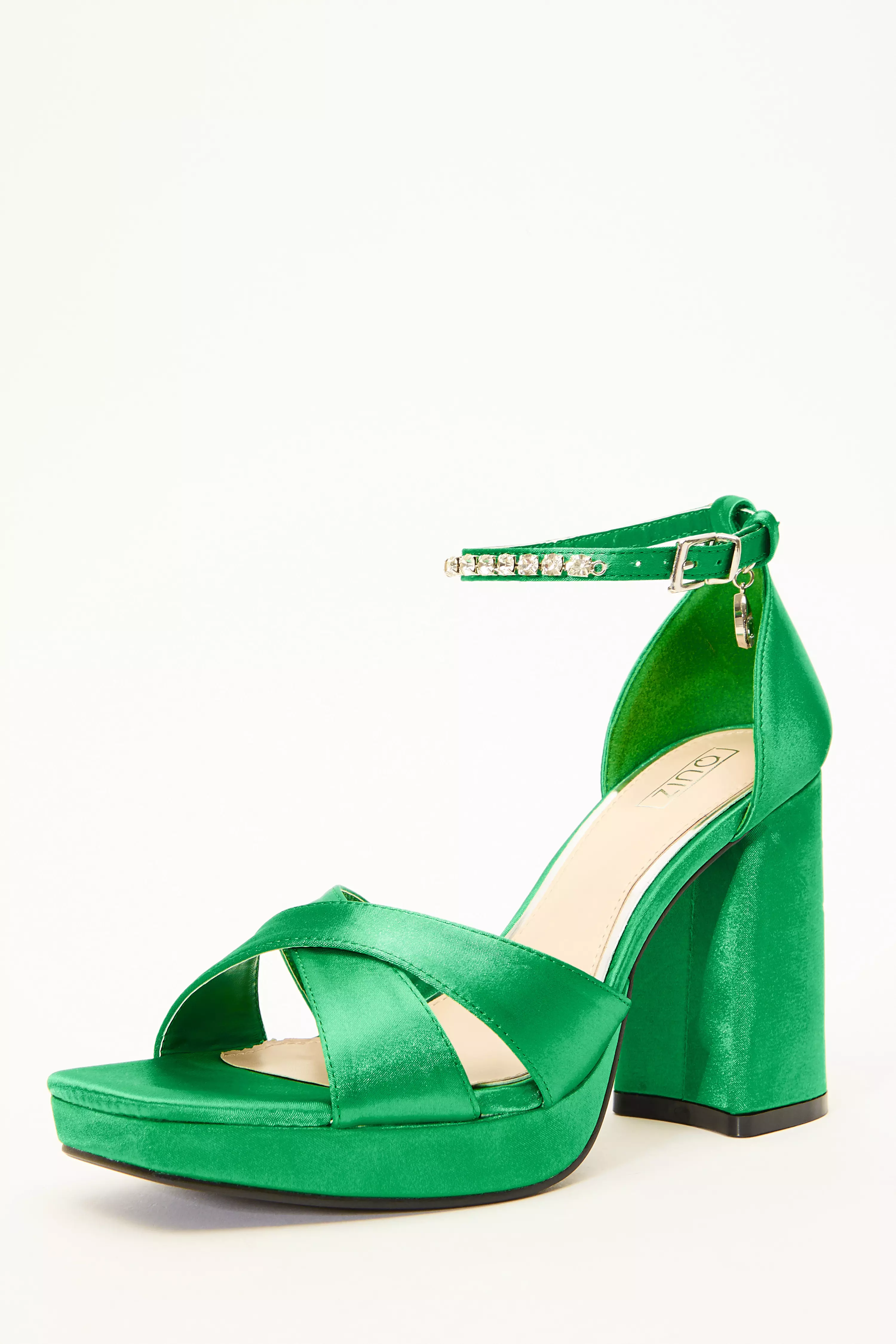 Green Satin Jewel Platform Heeled Sandals