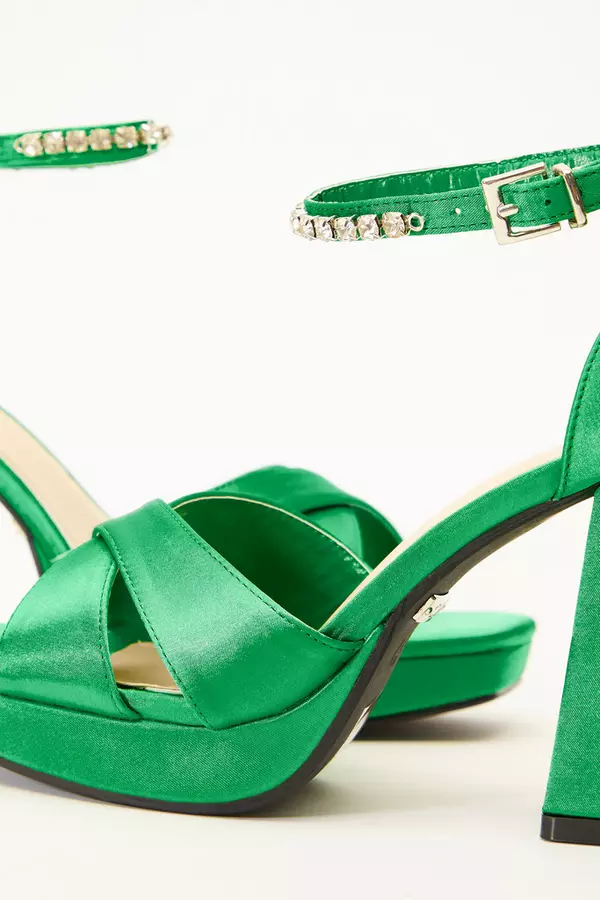 Green Satin Jewel Platform Heeled Sandals